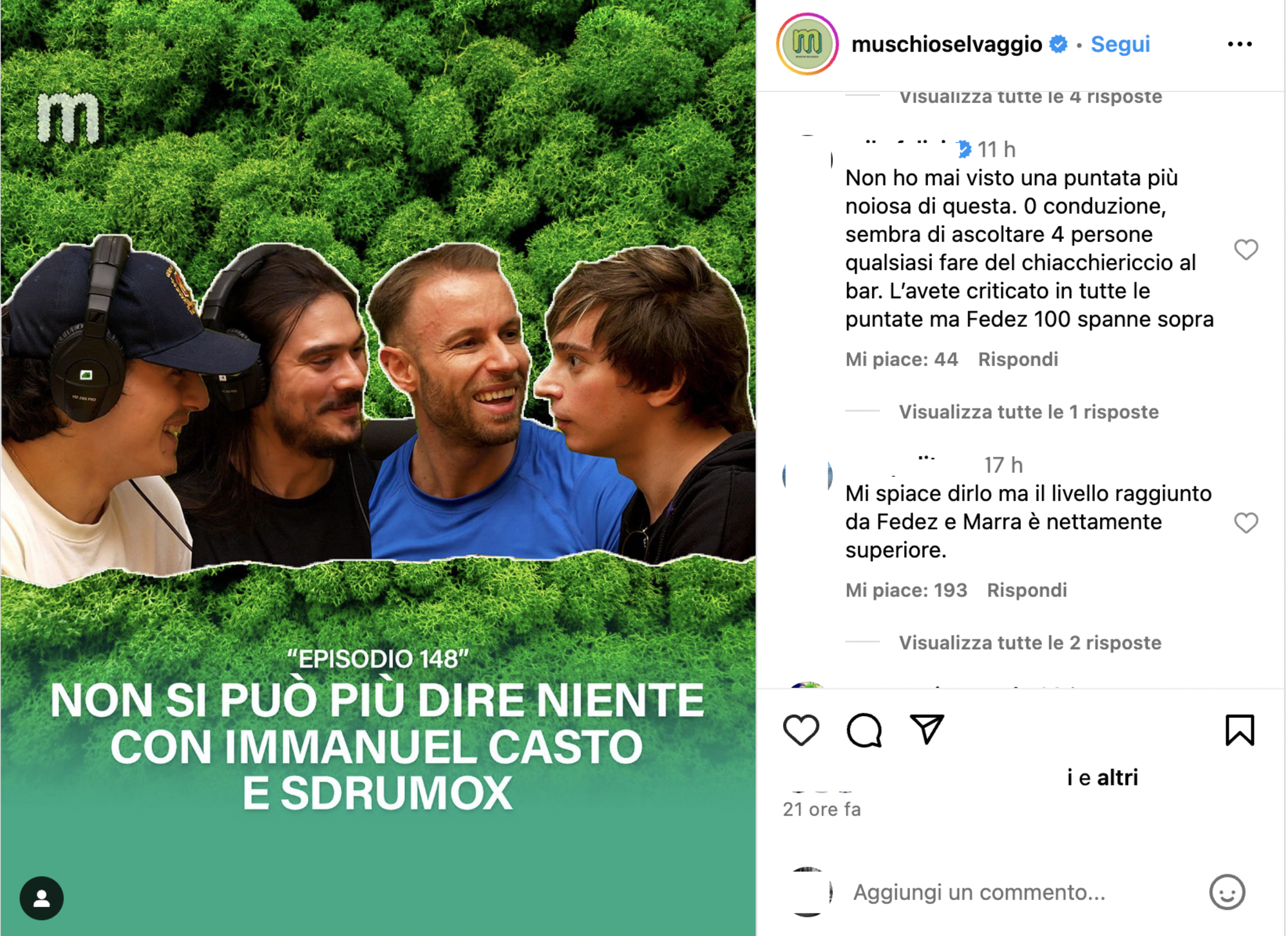 Il post su Instagram di Muschio Selvaggio