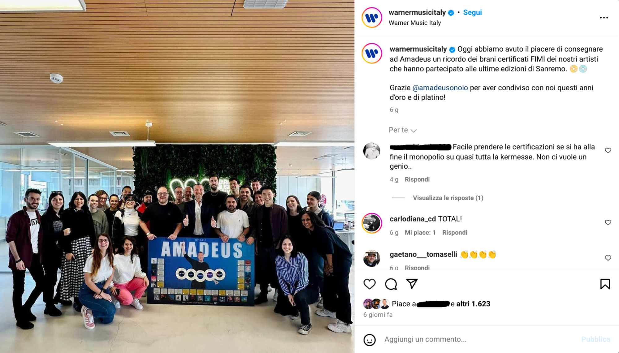 Il post della Warner in cui ringrazia Amadeus