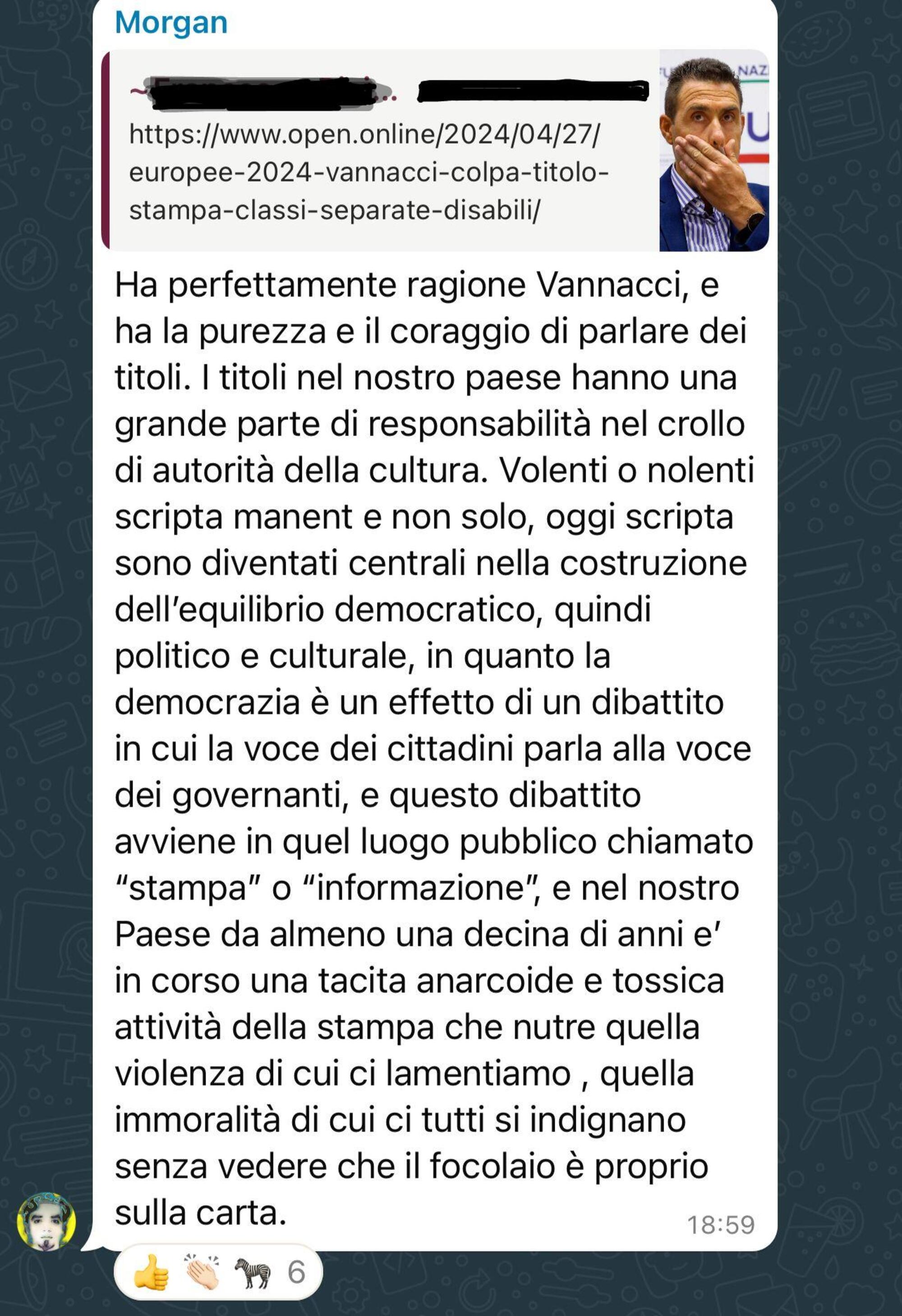 Il messaggio di Morgan su Roberto Vannacci