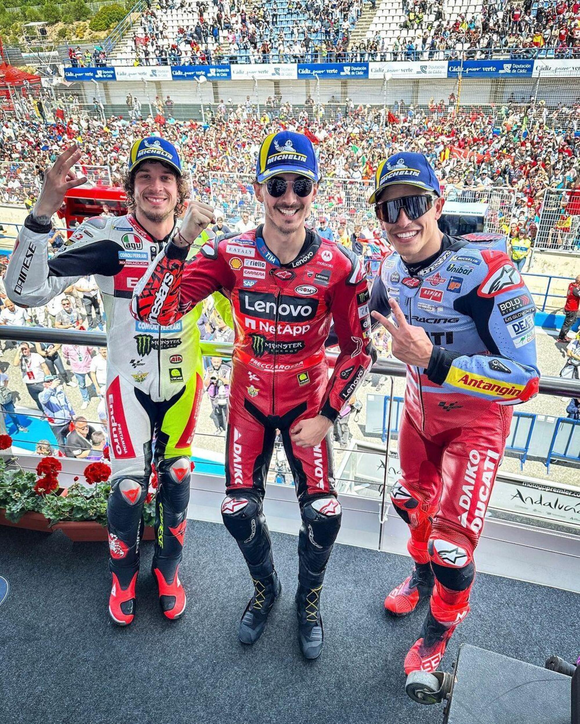 Podio MotoGP 2024 Jerez de La frontera bagnaia Bezzecchi Marquez