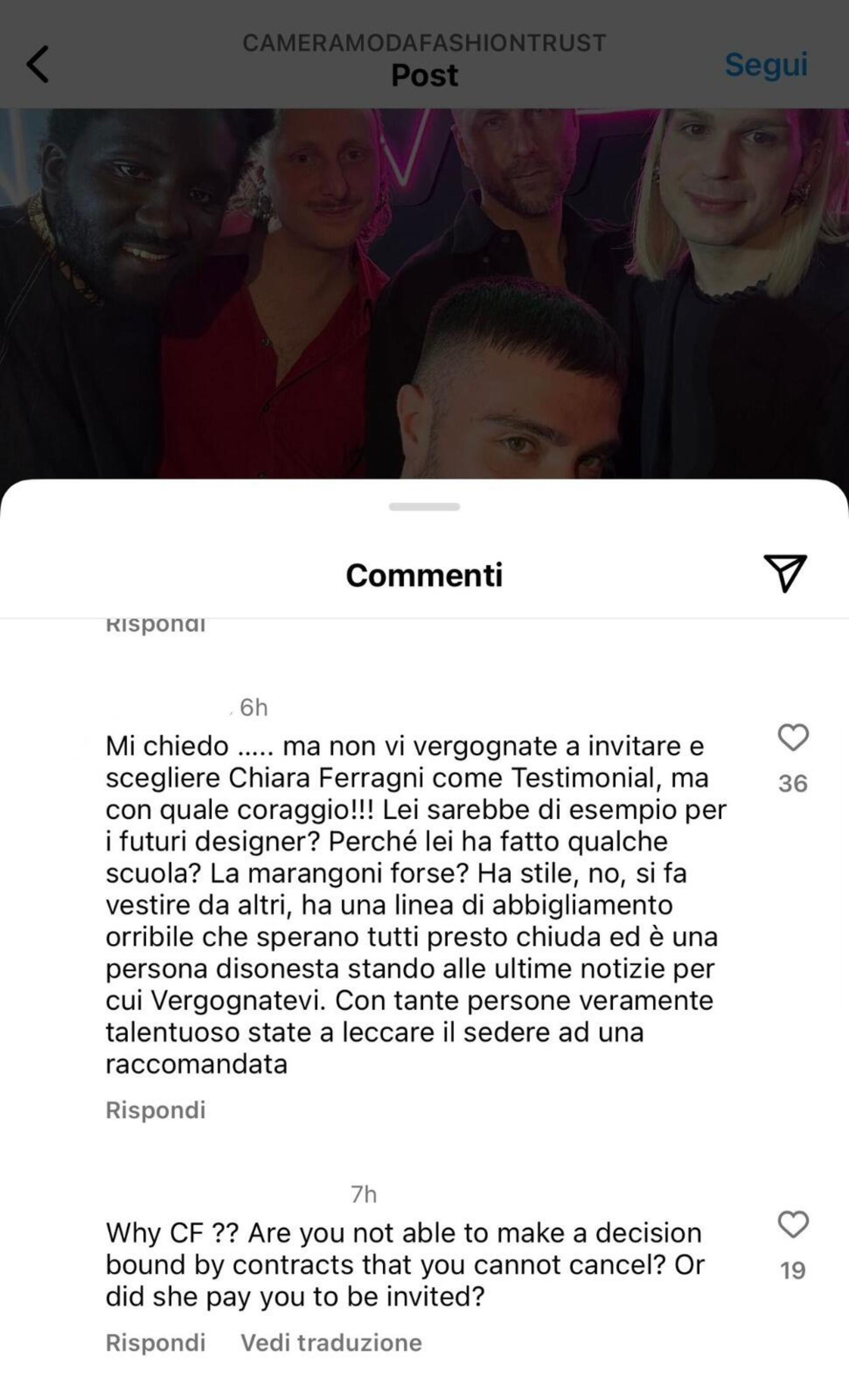 Gli insulti sotto l&#039;ultimo post di Camera Moda