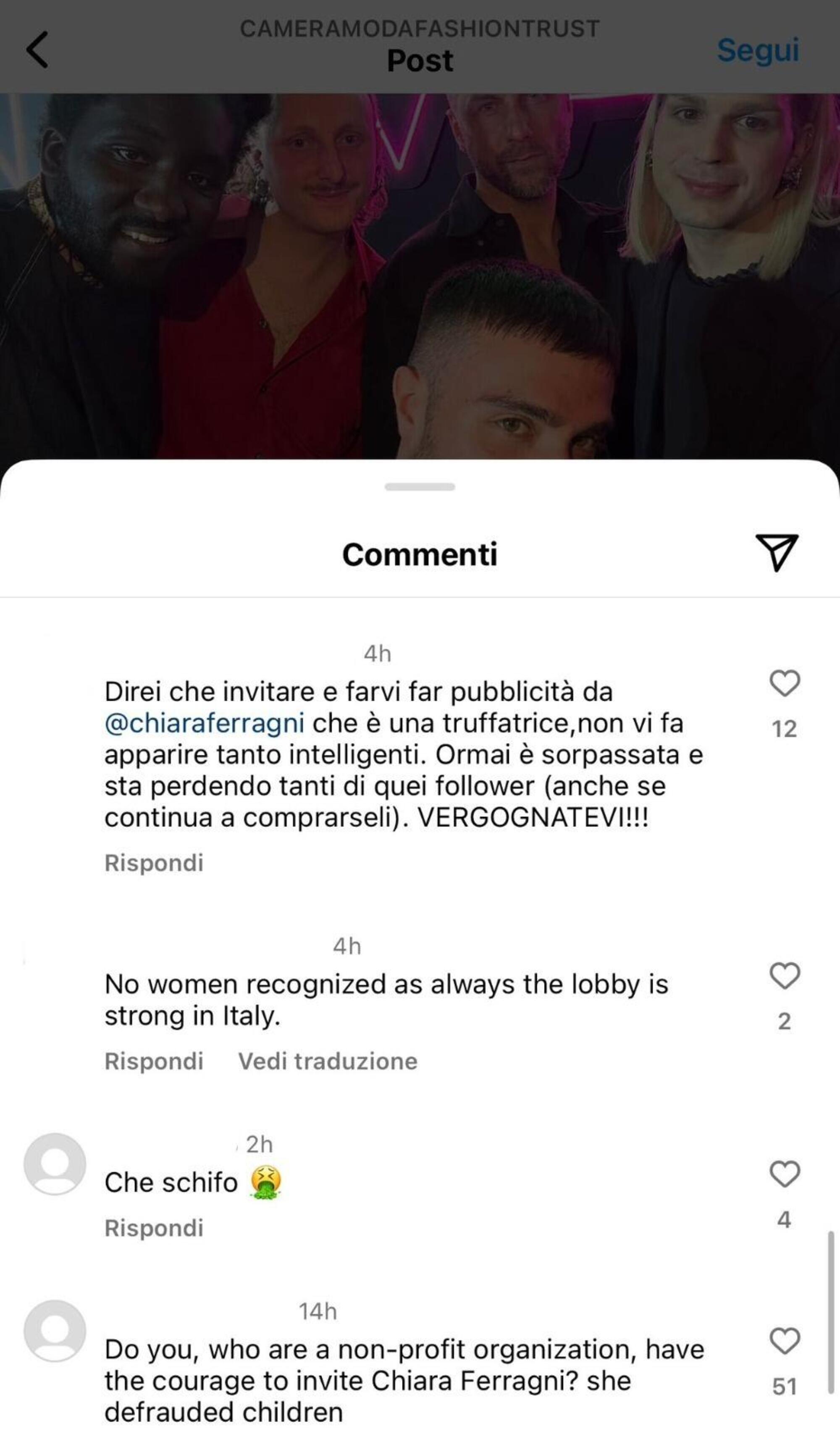 Gli insulti sotto l&#039;ultimo post di Camera Moda