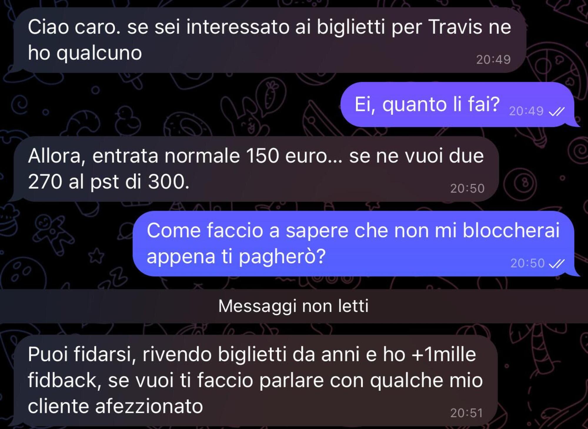 I messaggi del &quot;bagarino&quot; di biglietti di concerti (anche di Travis Scott) su Telegram