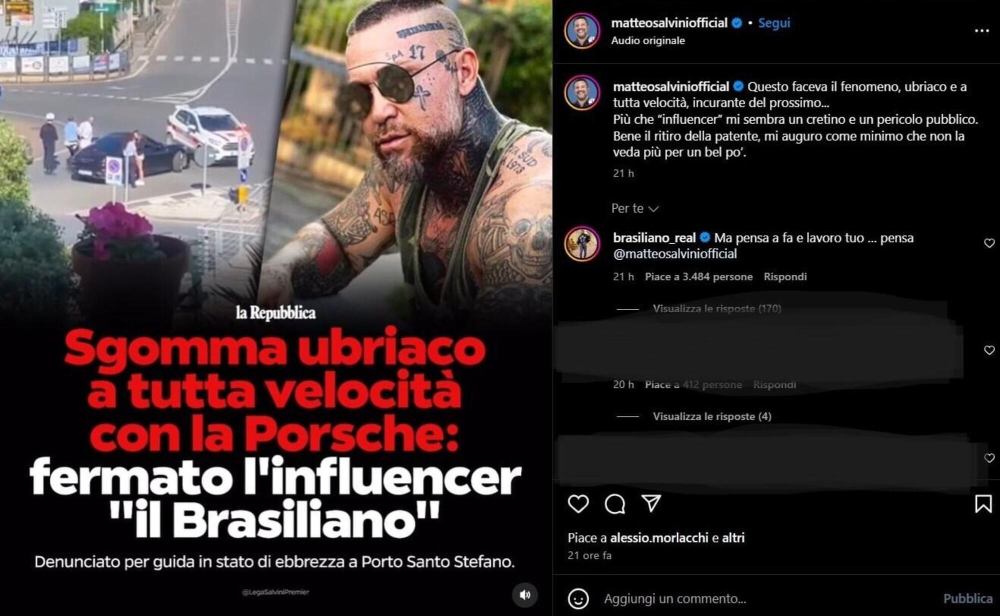 Il post di Matteo Salvini e la risposta del Brasiliano