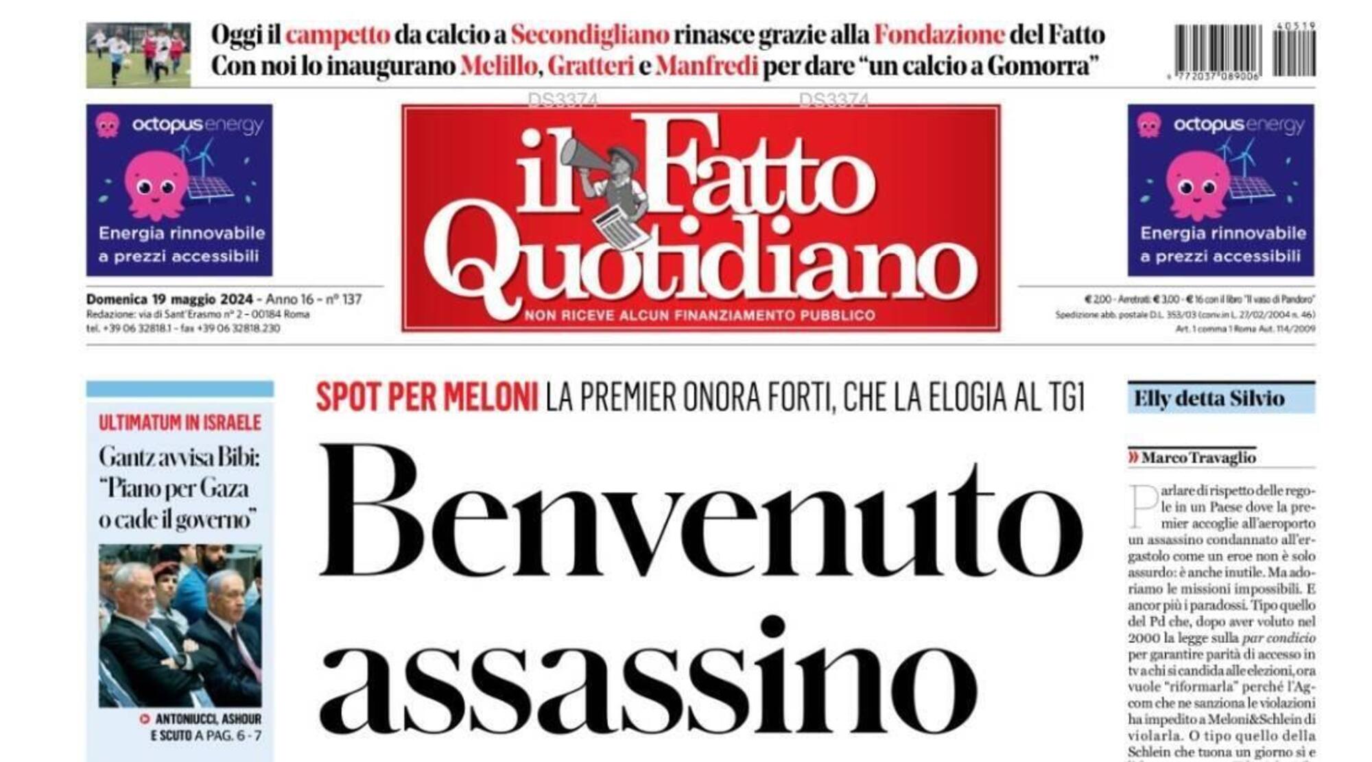 La prima pagina de Il Fatto Quotidiano