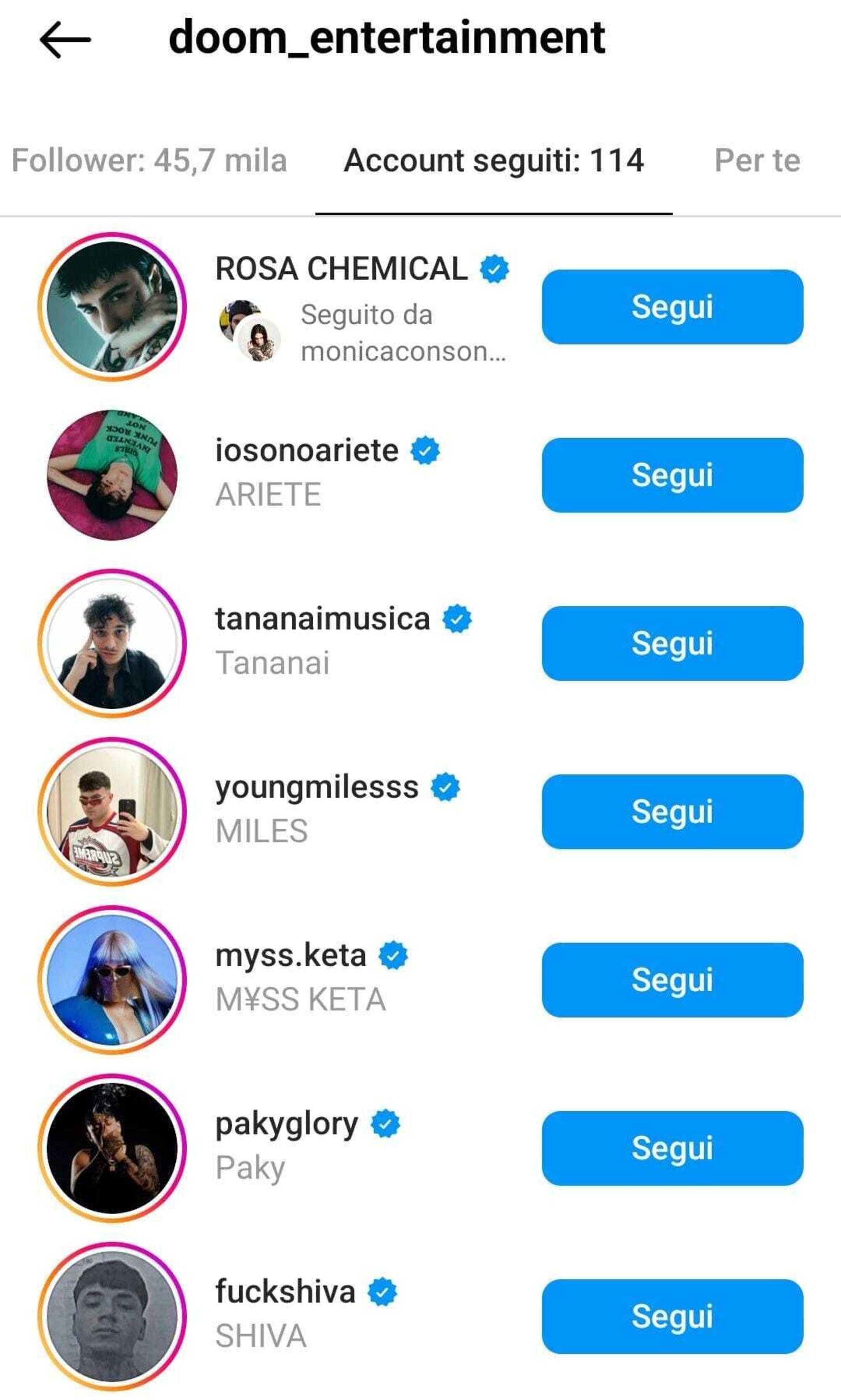 Alcuni degli artisti seguiti su Instagram dalla DOOM Entertainment, dove però non appare più Achille Lauro