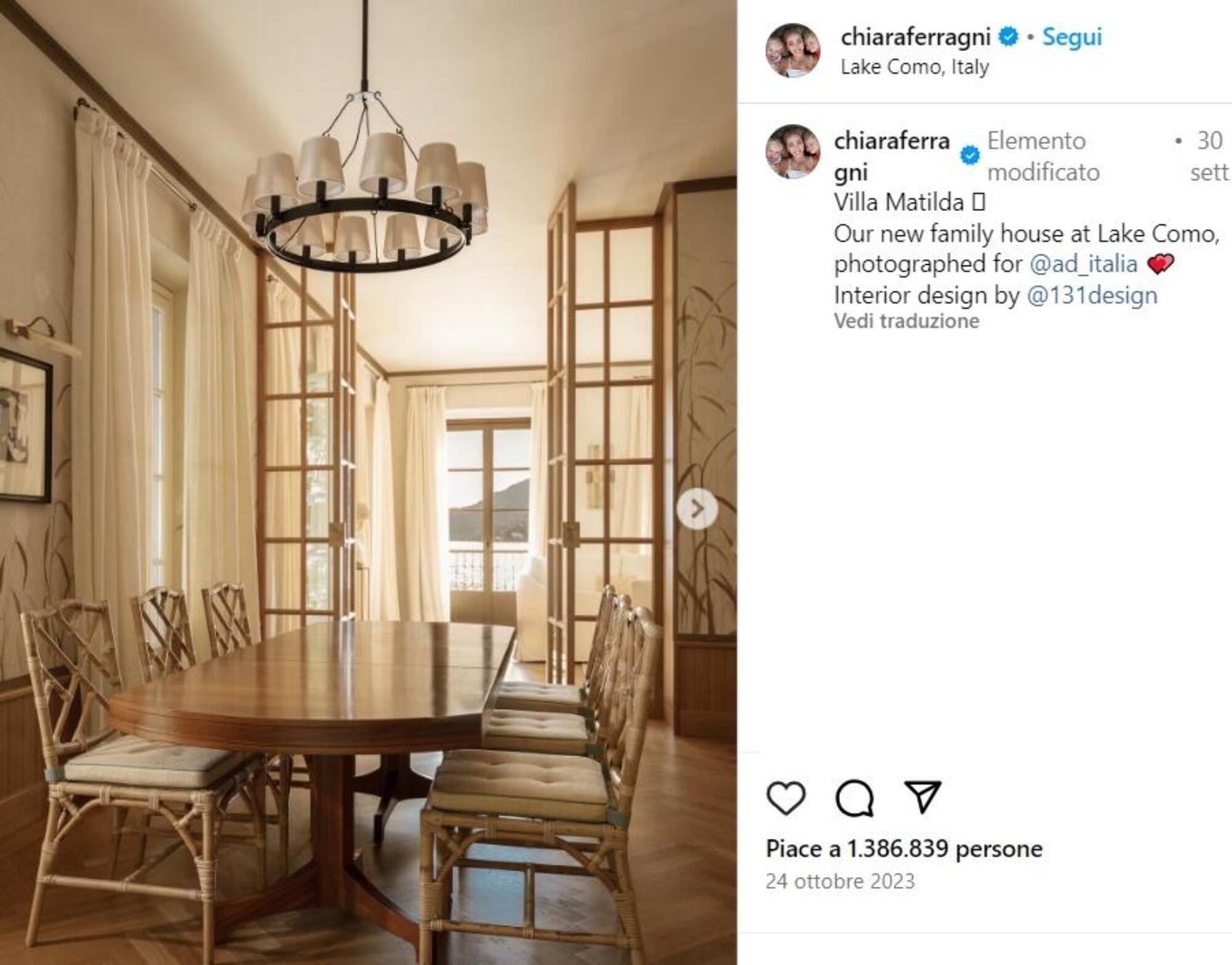 Una delle foto di Villa Matilda pubblicate da Chiara Ferragni