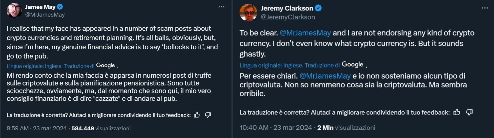 I tweet di risposta dei due conduttori televisivi