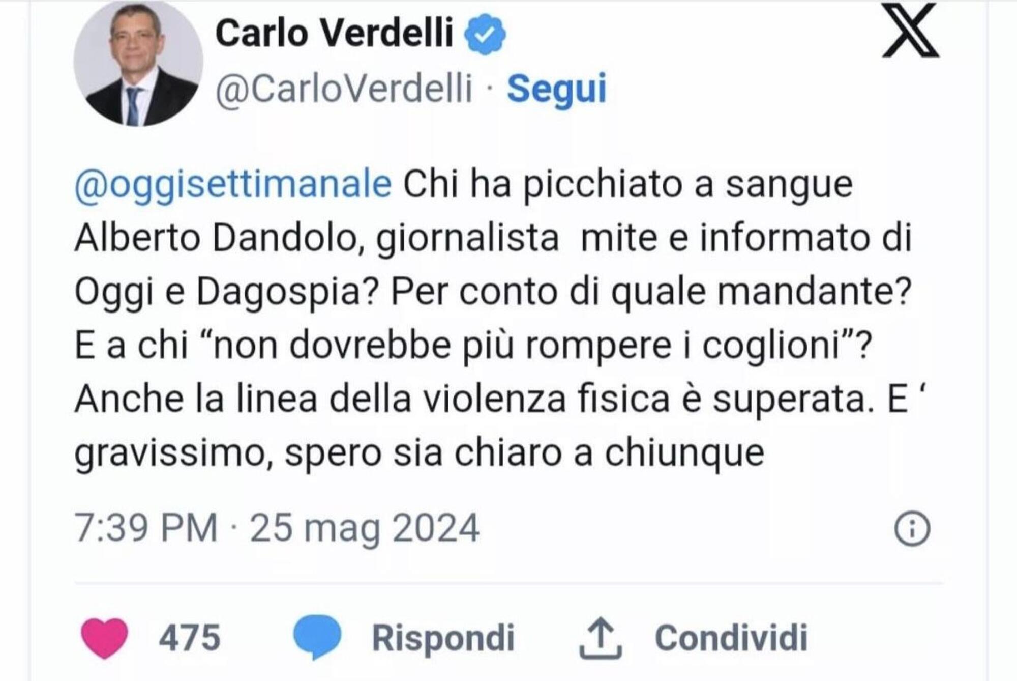 Il post di Carlo Verdelli, direttore di Oggi, su X