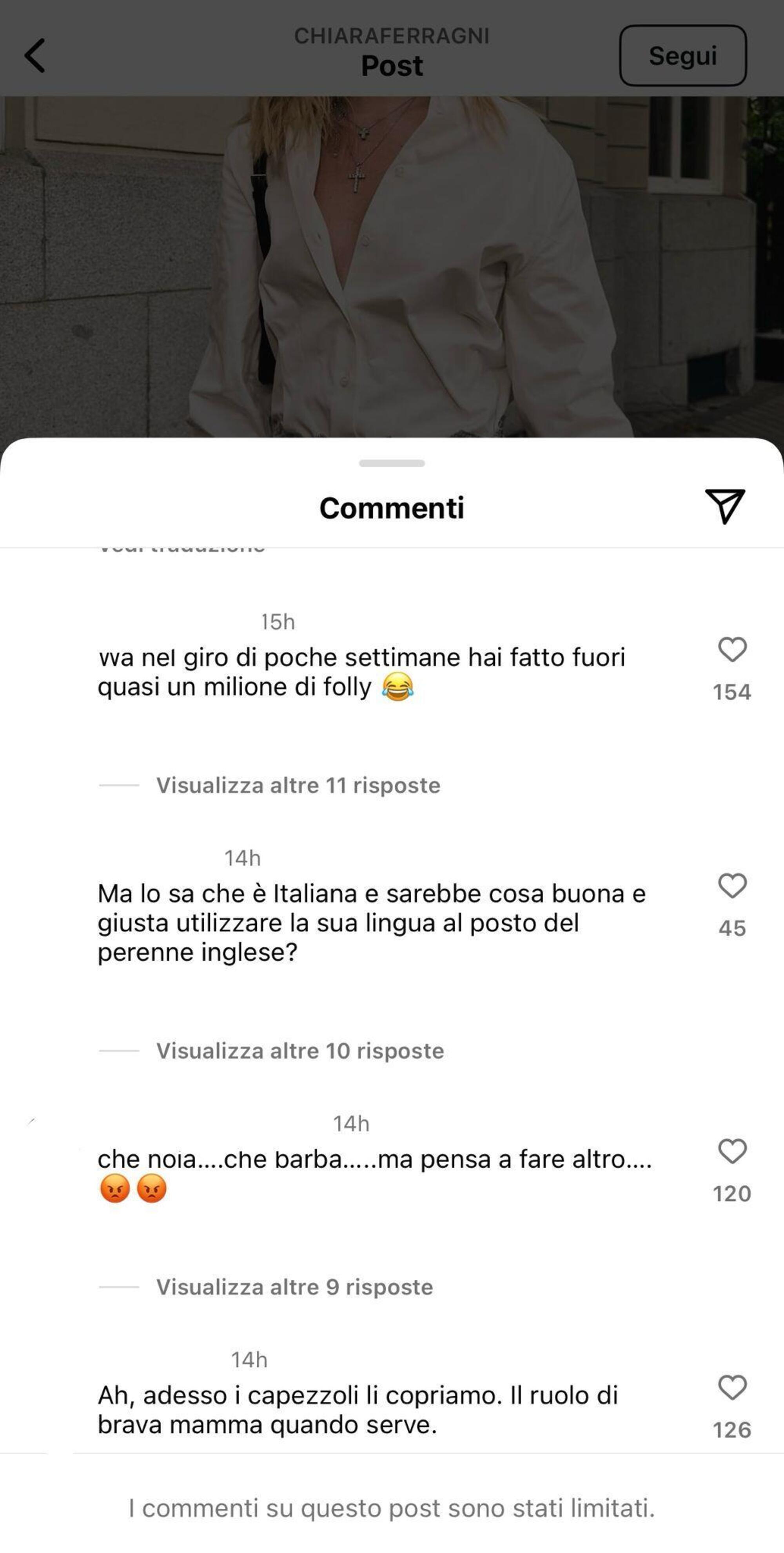 Chiara Ferragni ha limitato i commenti