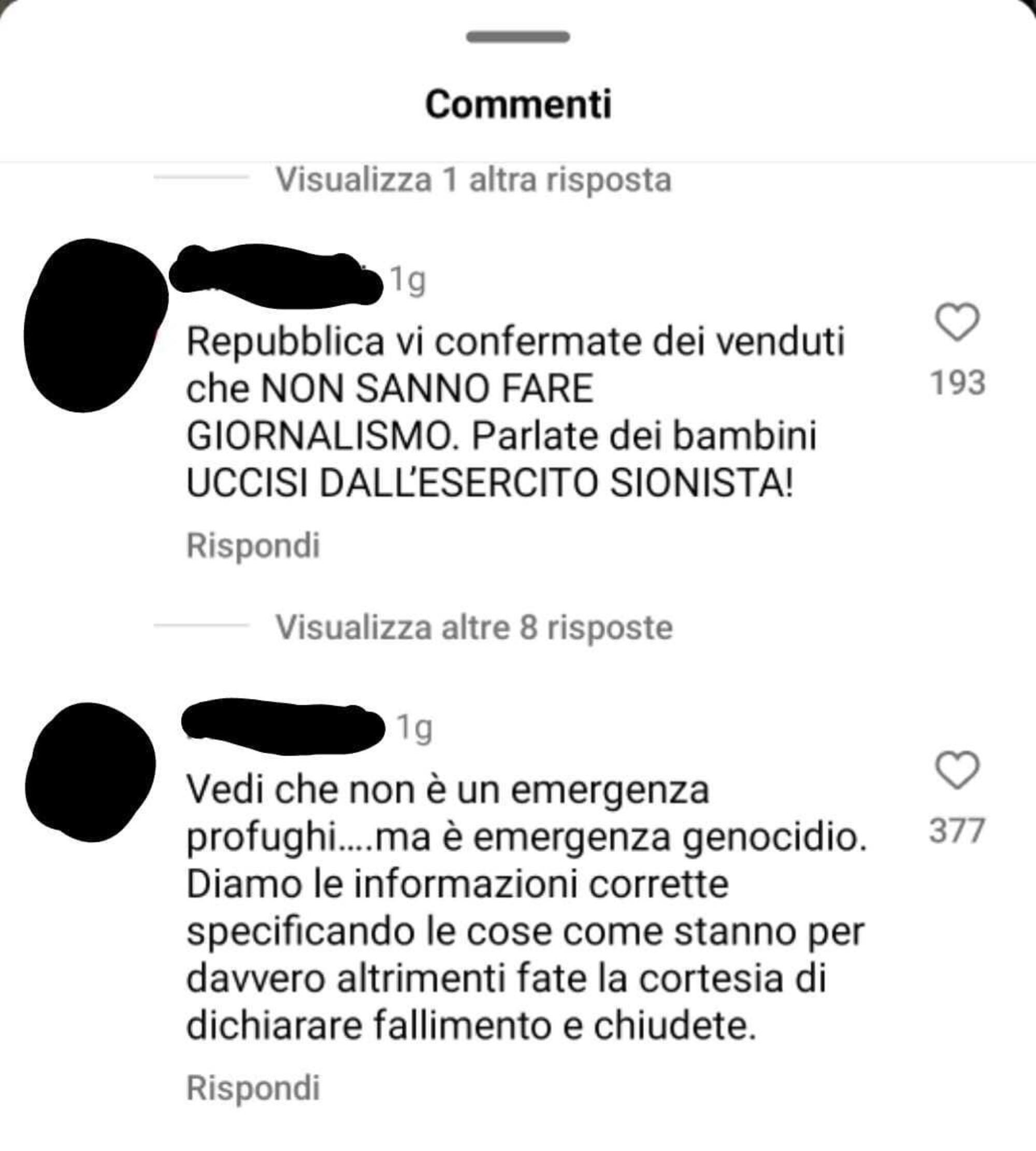 I commenti negativi contro il Reel di Repubblica 1