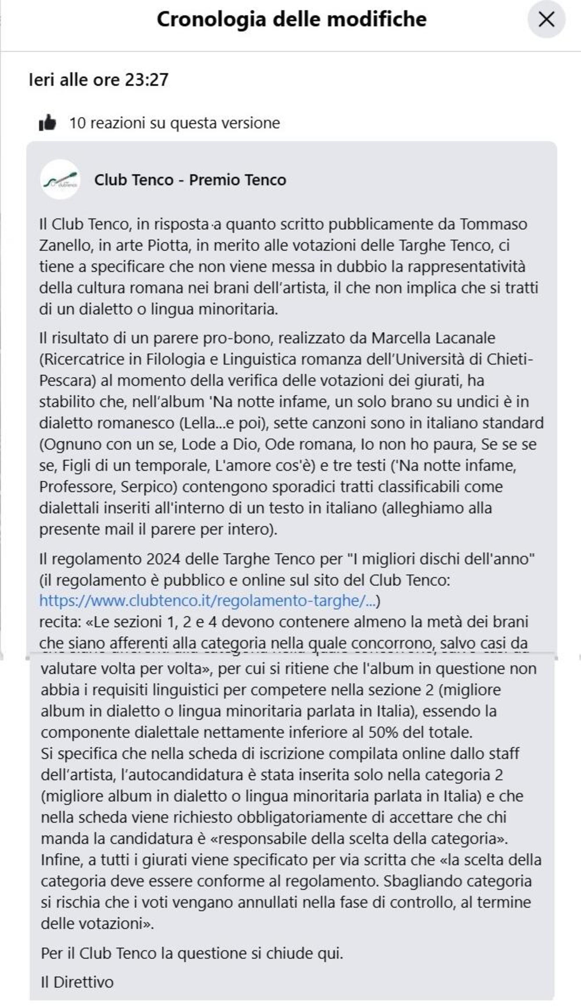 Il post del Club Tenco con la risposta basata sull&#039;analisi della ricercatrice di Filologia e Linguistica Romanza dell&rsquo;Universit&agrave; di Chieti, Marcella Lacanale