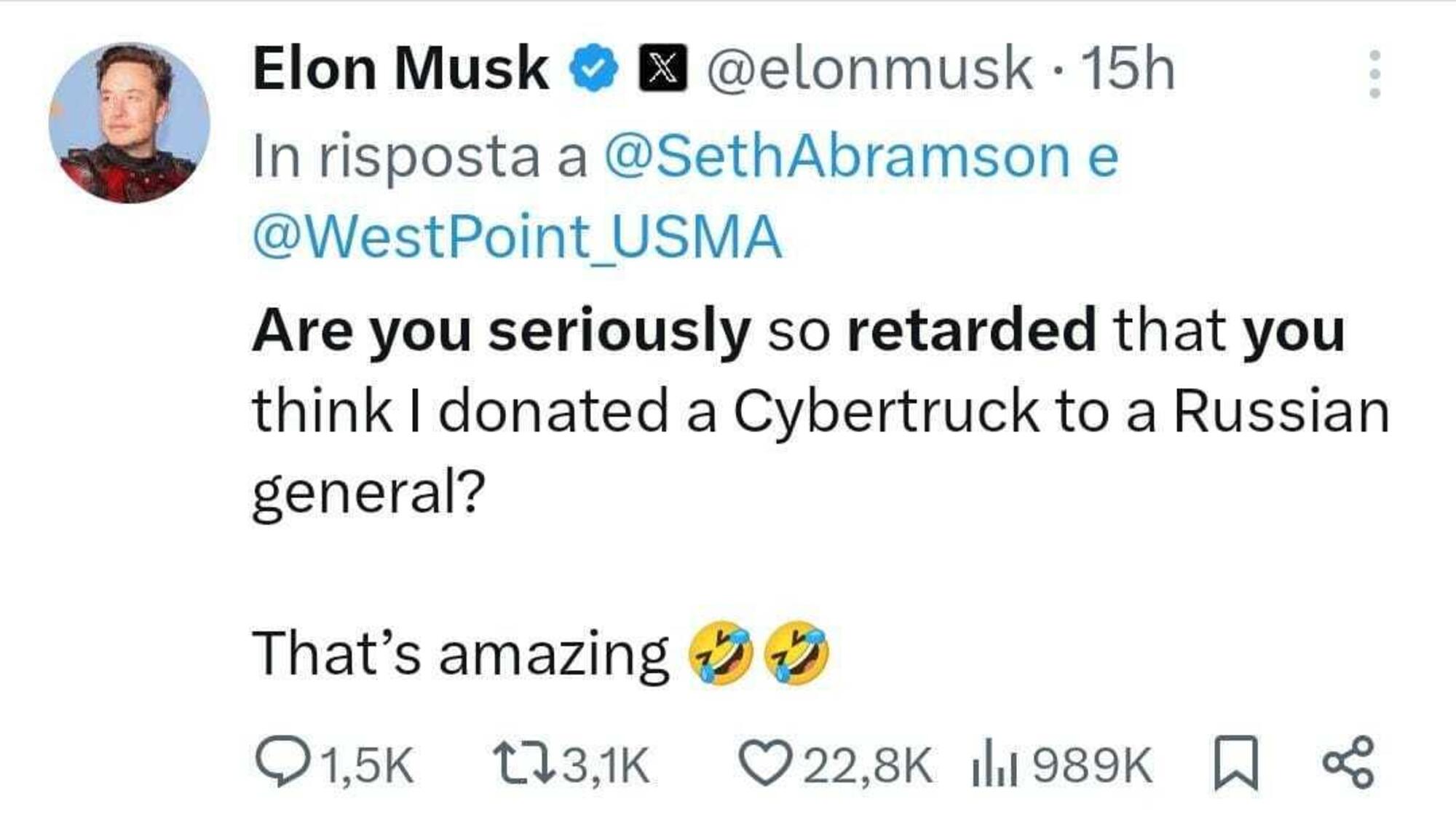 Tweet di risposta di Elon Musk