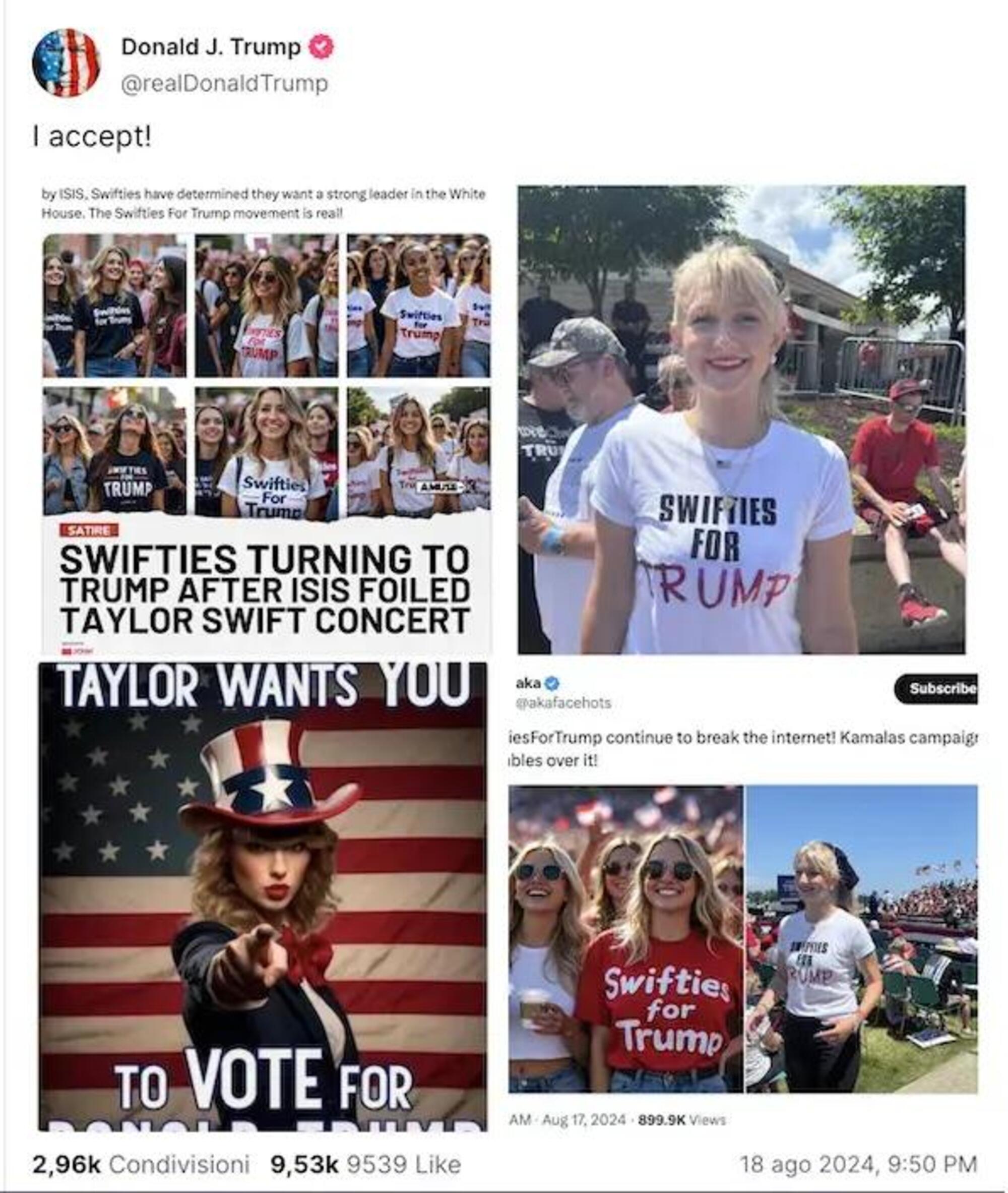 Il post di Donald Trump con l'immagine fake di Taylor Swift