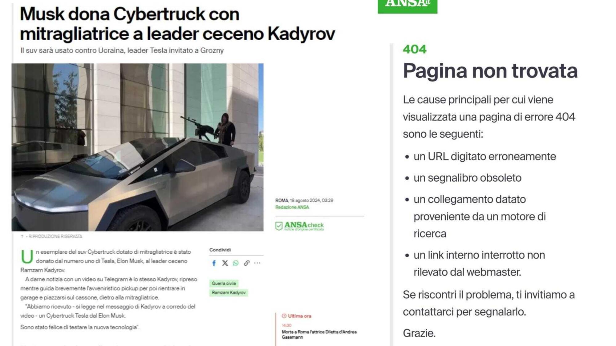 Articolo dell'Ansa del 18 agosto sul caso Musk - Tesla "donata" a Kadyrov (a sinistra) e l'errore 404 che appare invece oggi, cercando lo stesso articolo (a destra) dopo che è stato cancellato