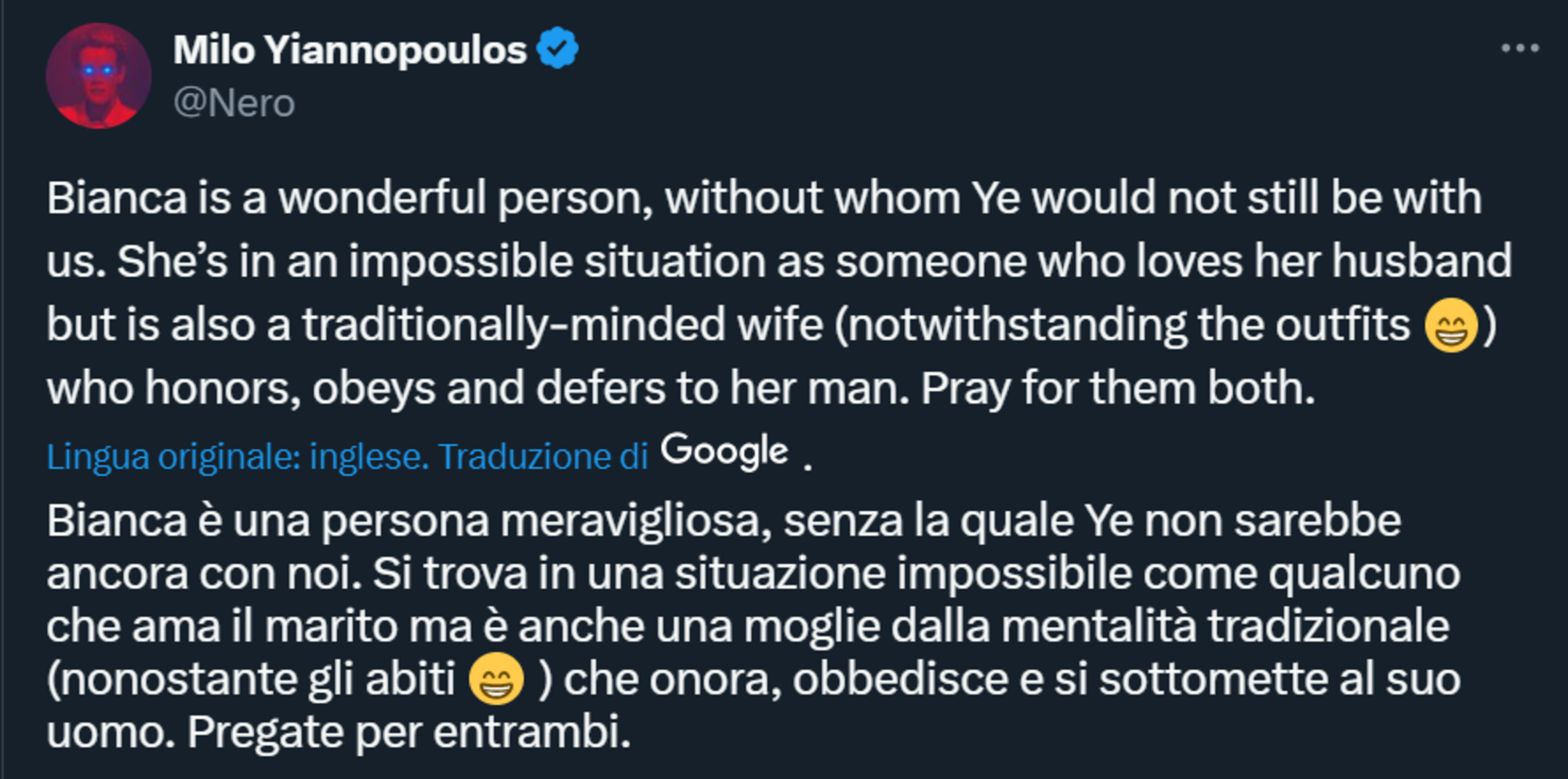 Il tweet di Milo Yiannopoulos