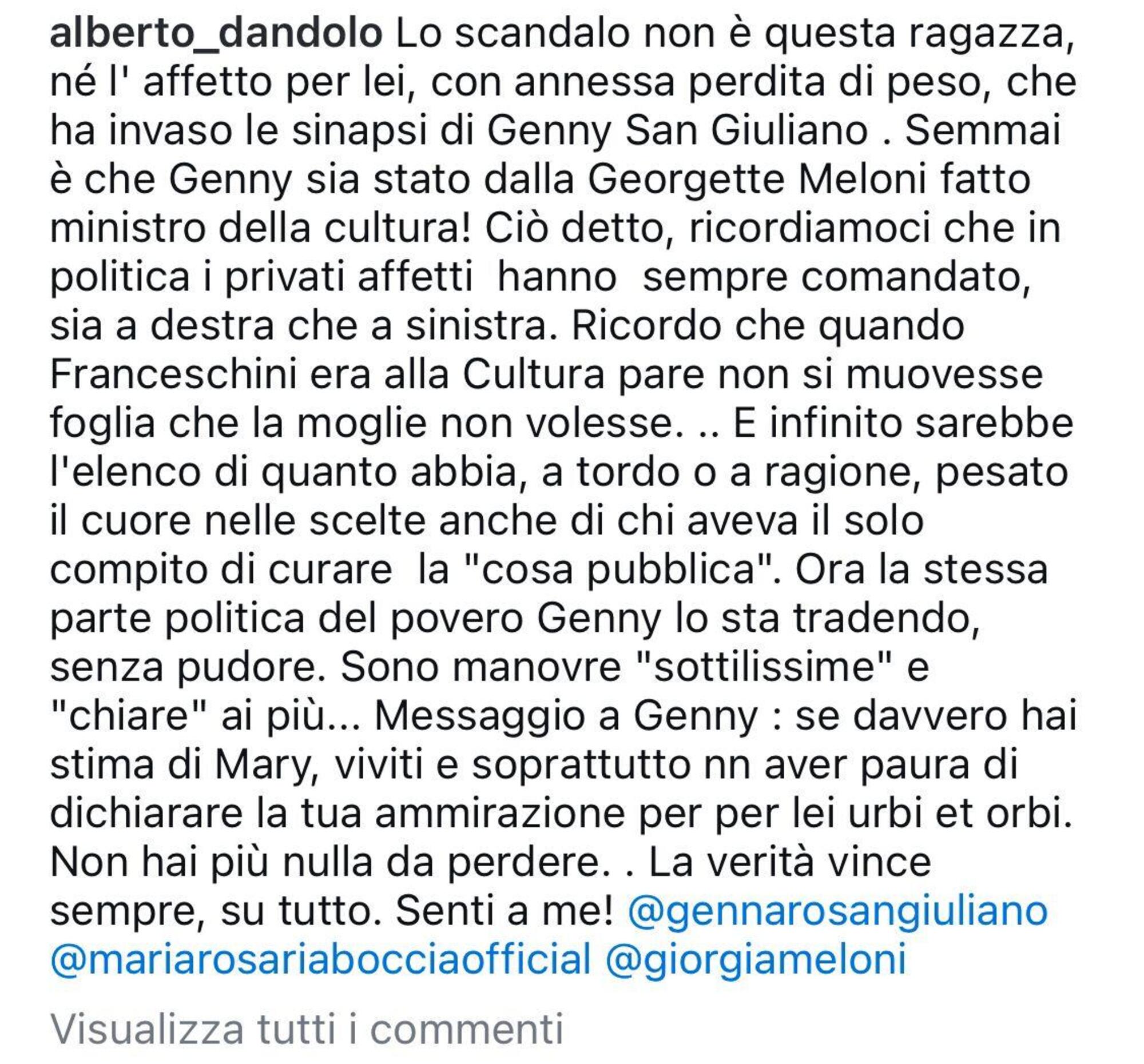 Il post di Alberto Dandolo dove ha taggato Sangiuliano, Boccia e Meloni