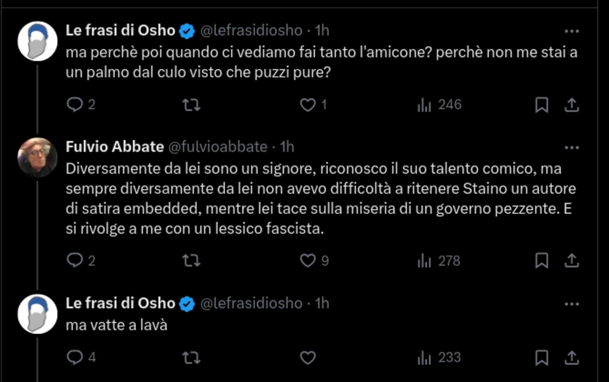 Il botta e risposta su X fra Le frasi di Osho (Federico Palmaroli) e Fulvio Abbate