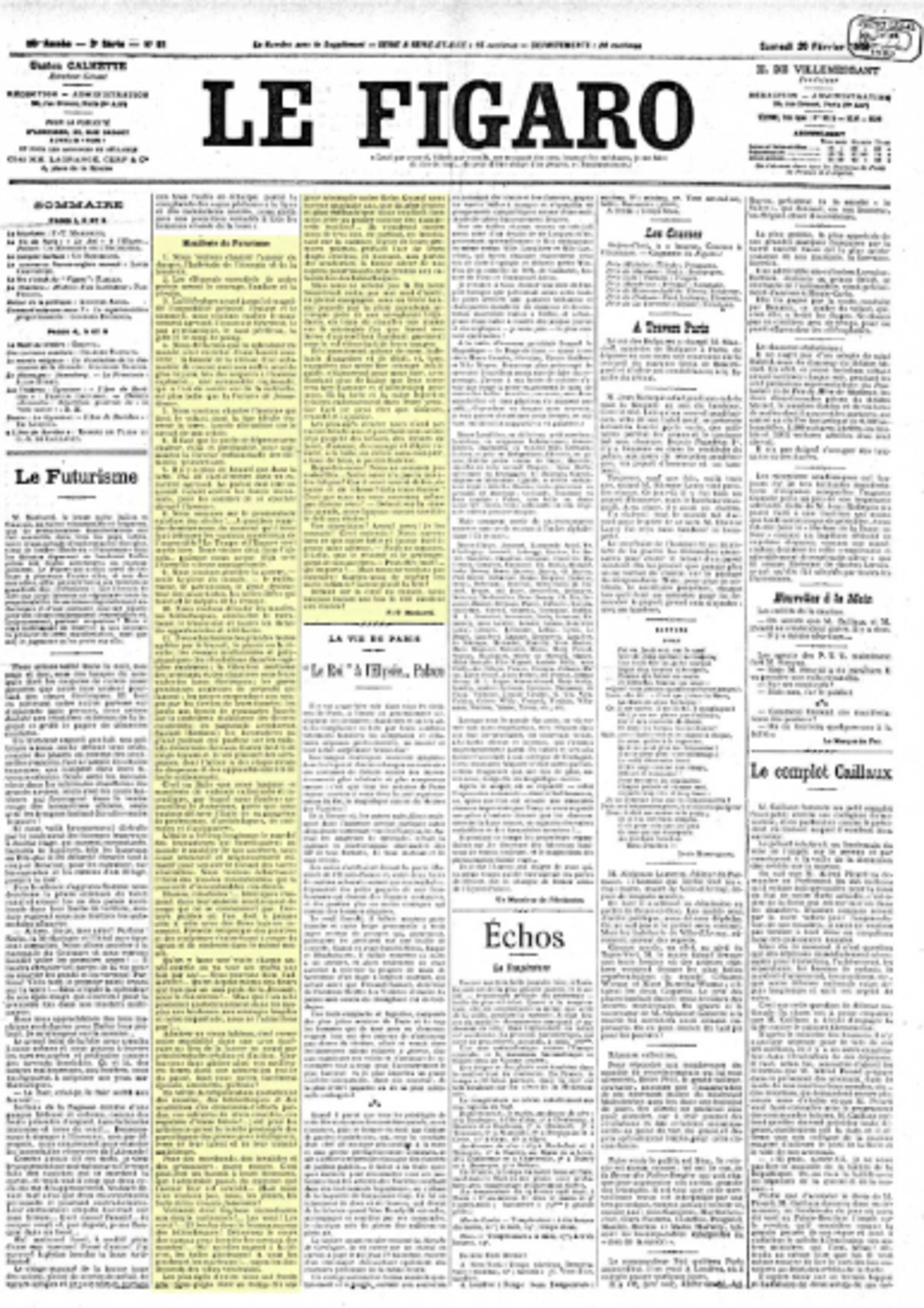 Il manifesto del Futurismo pubblicato su Le Figaro del 20 febbraio 1909