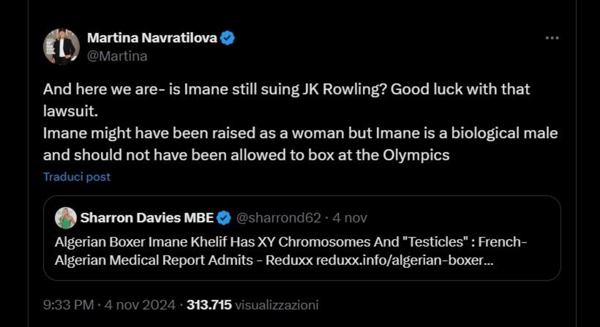 Il tweet di Martina Navratilova su Imane Khelif