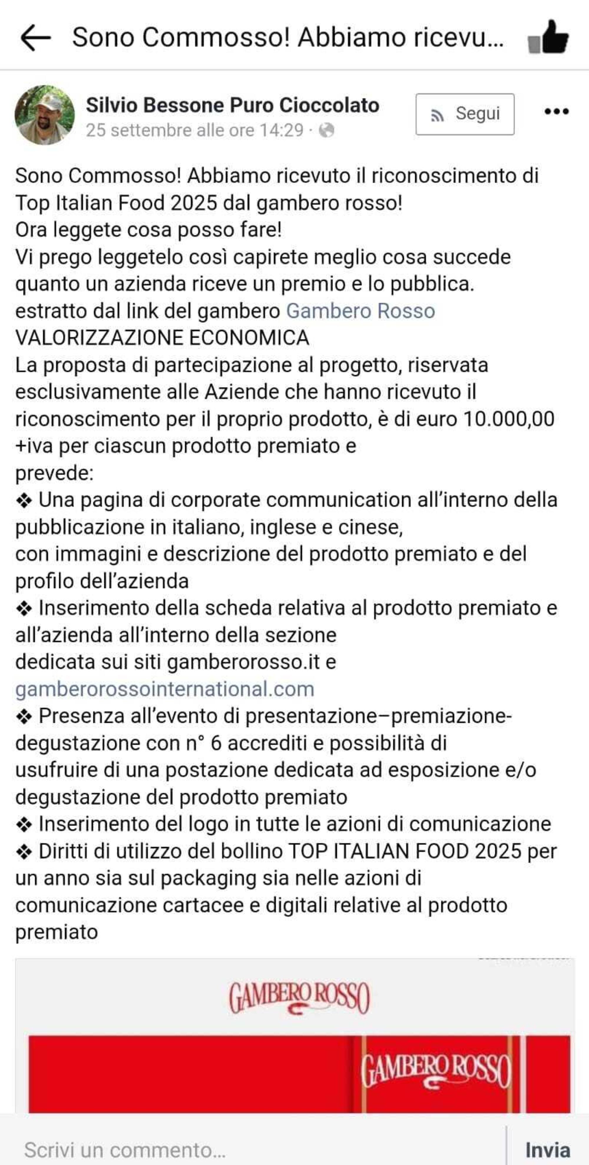 Il post di Silvio Bessone su Gambero Rosso 