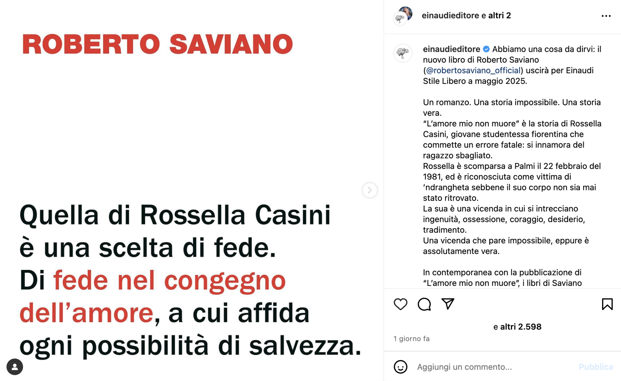 L&#039;annuncio del nuovo libro di Roberto Saviano