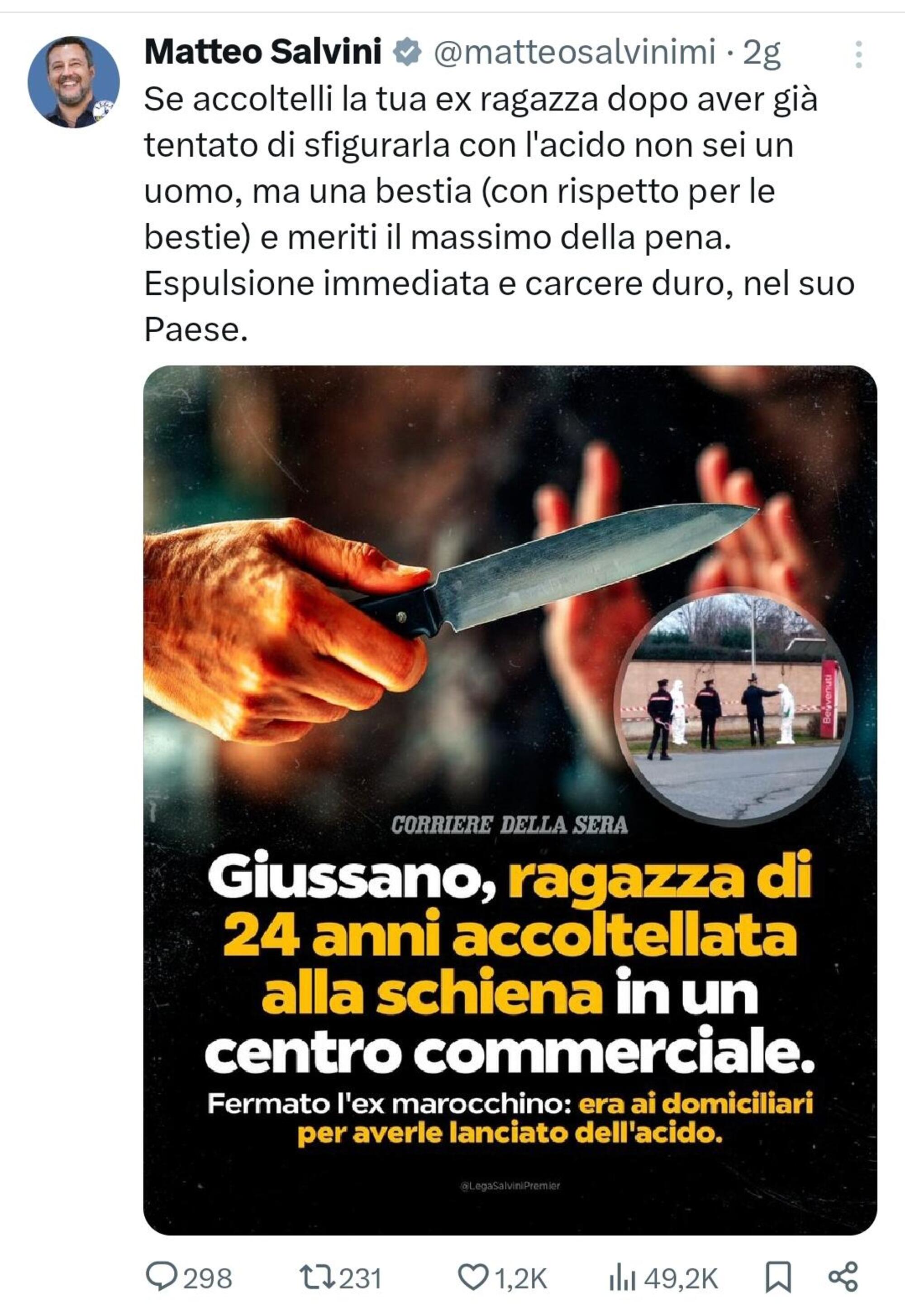 Uno dei post di Salvini il giorno della tragedia