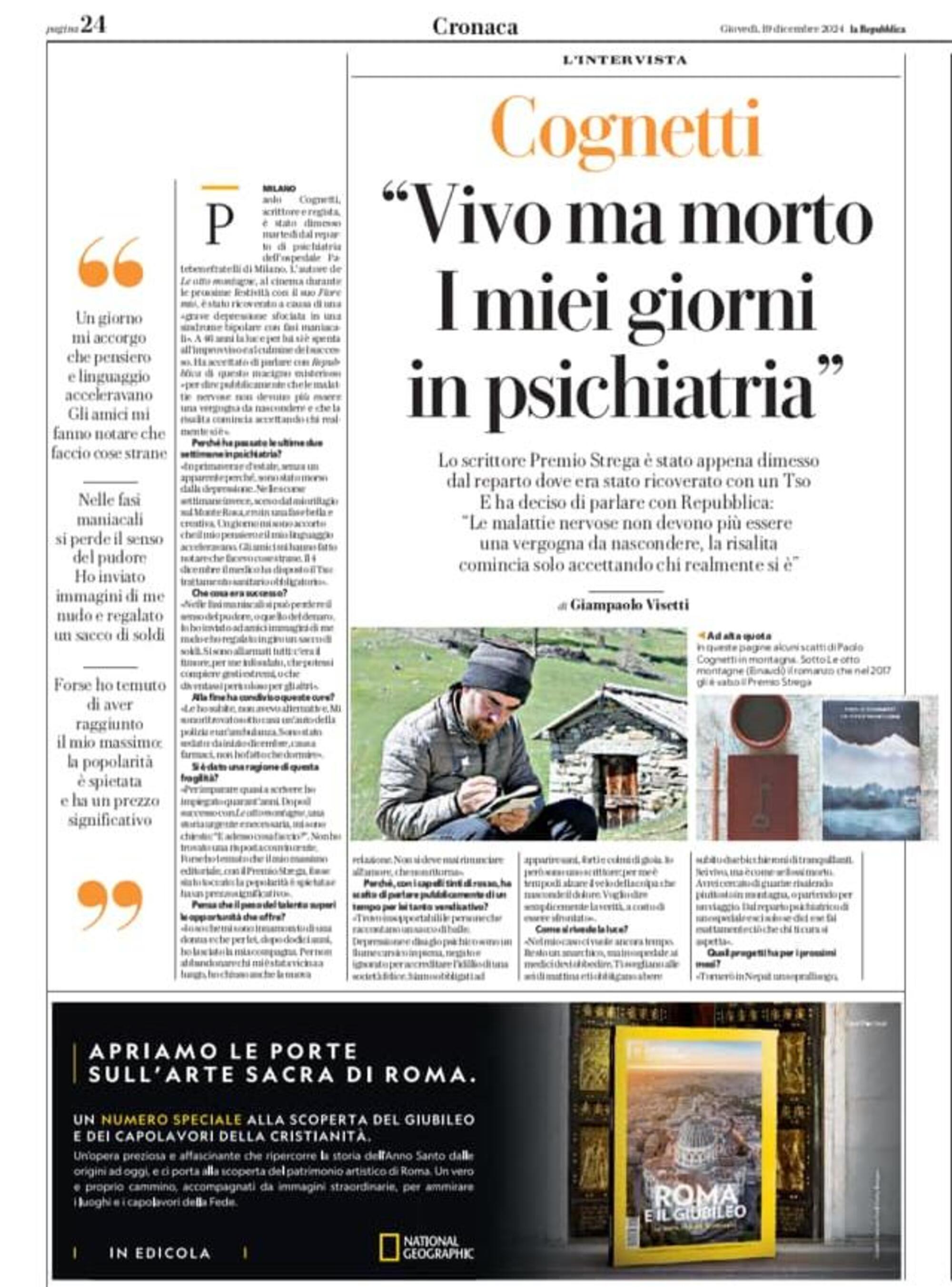 L'intervista a Repubblica dello scrittore Paolo Cognetti