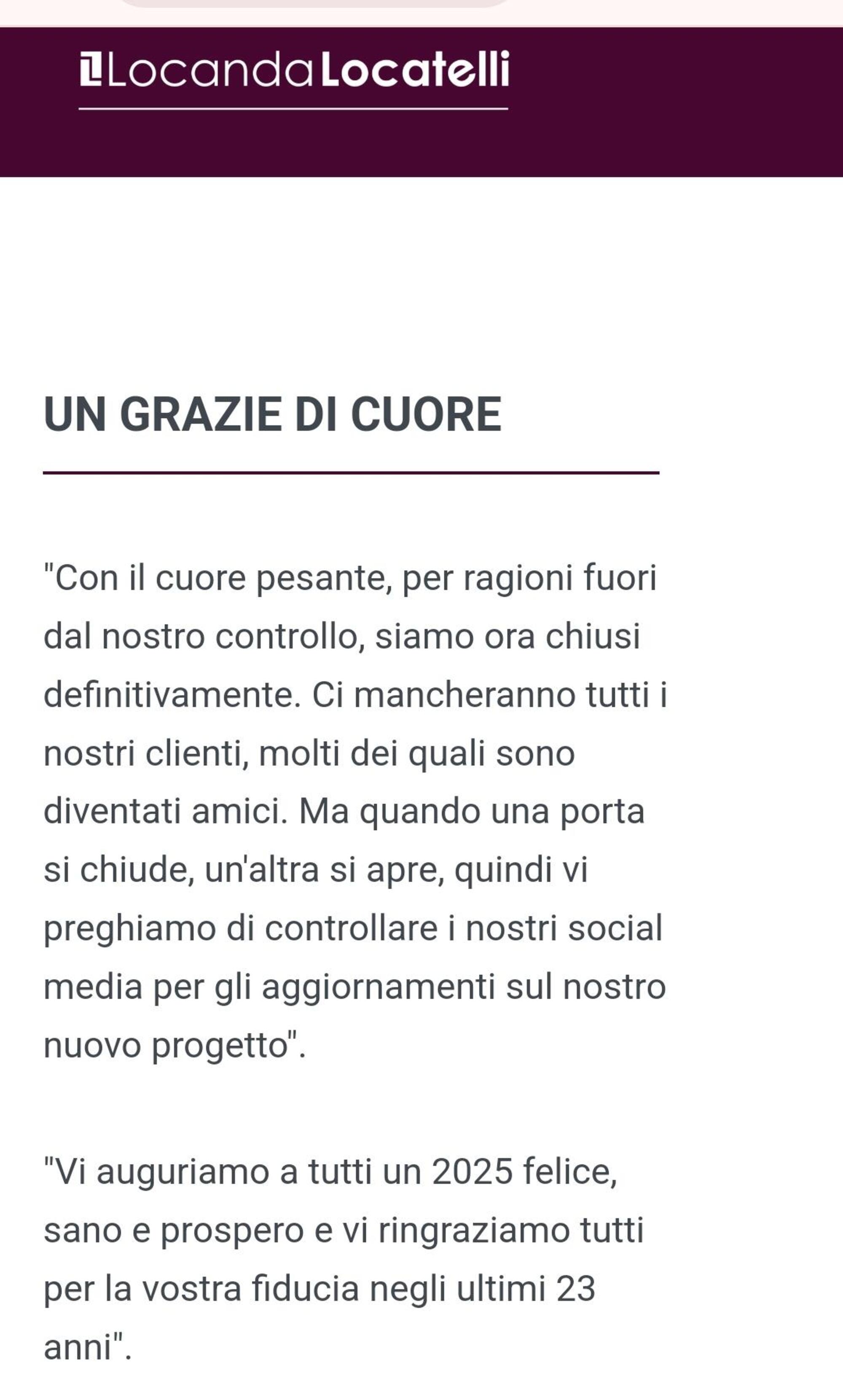 Il messaggio di addio sulla pagina di Locanda Locatelli