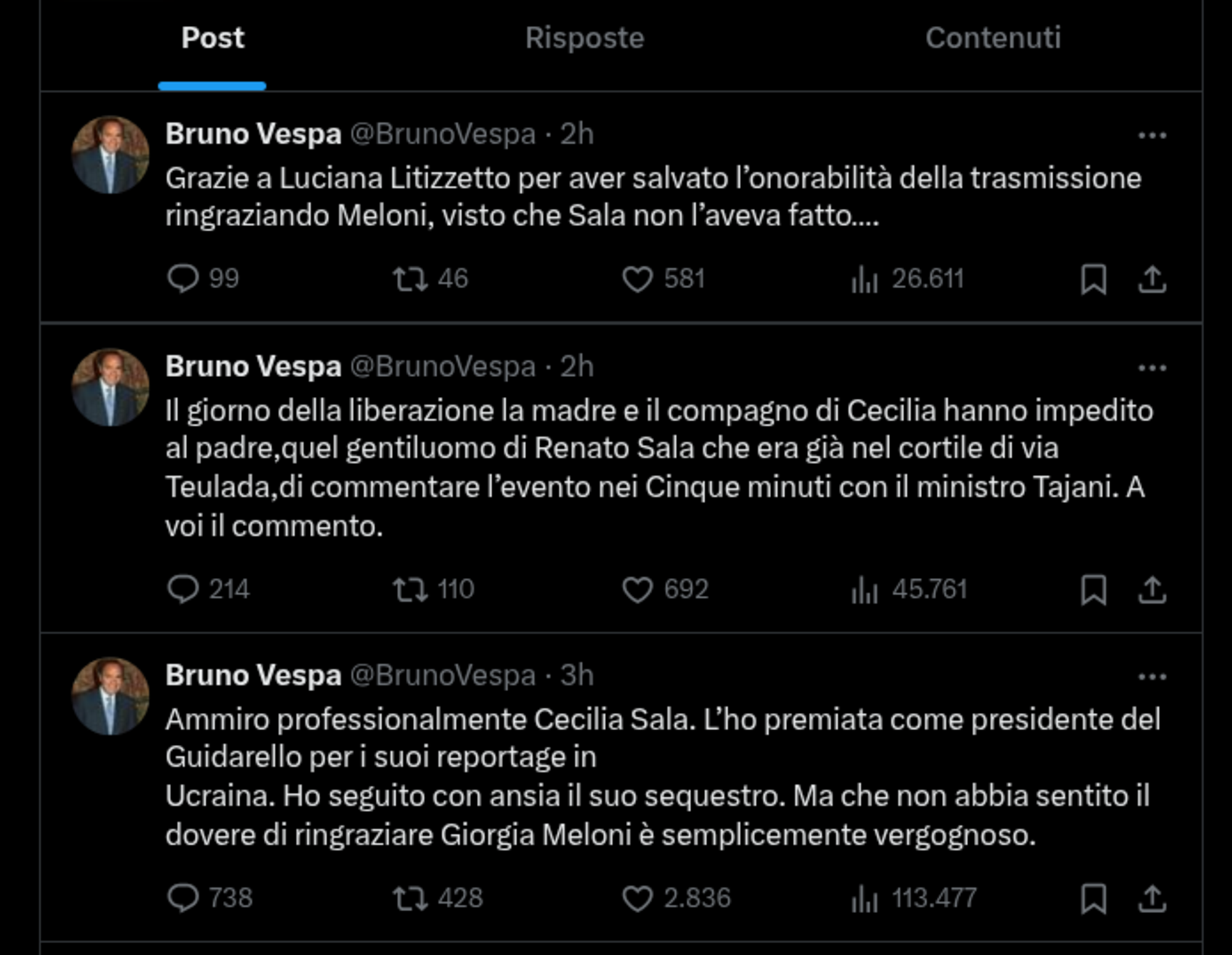 I tweet al vetriolo di Bruno Vespa contro Cecilia Sala