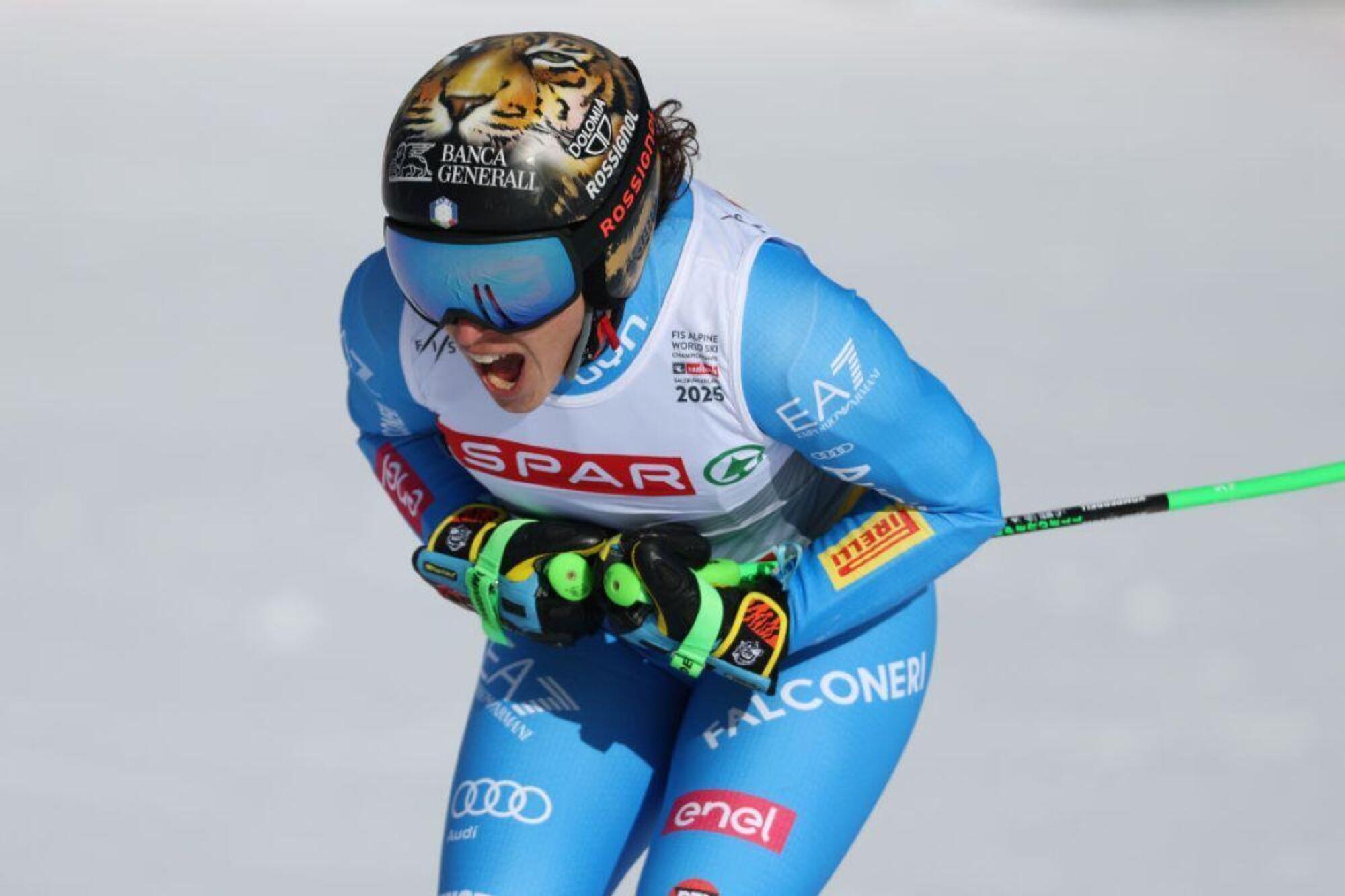 La tigre Federica Brignone dopo aver tagliato il traguardo a Saalbach