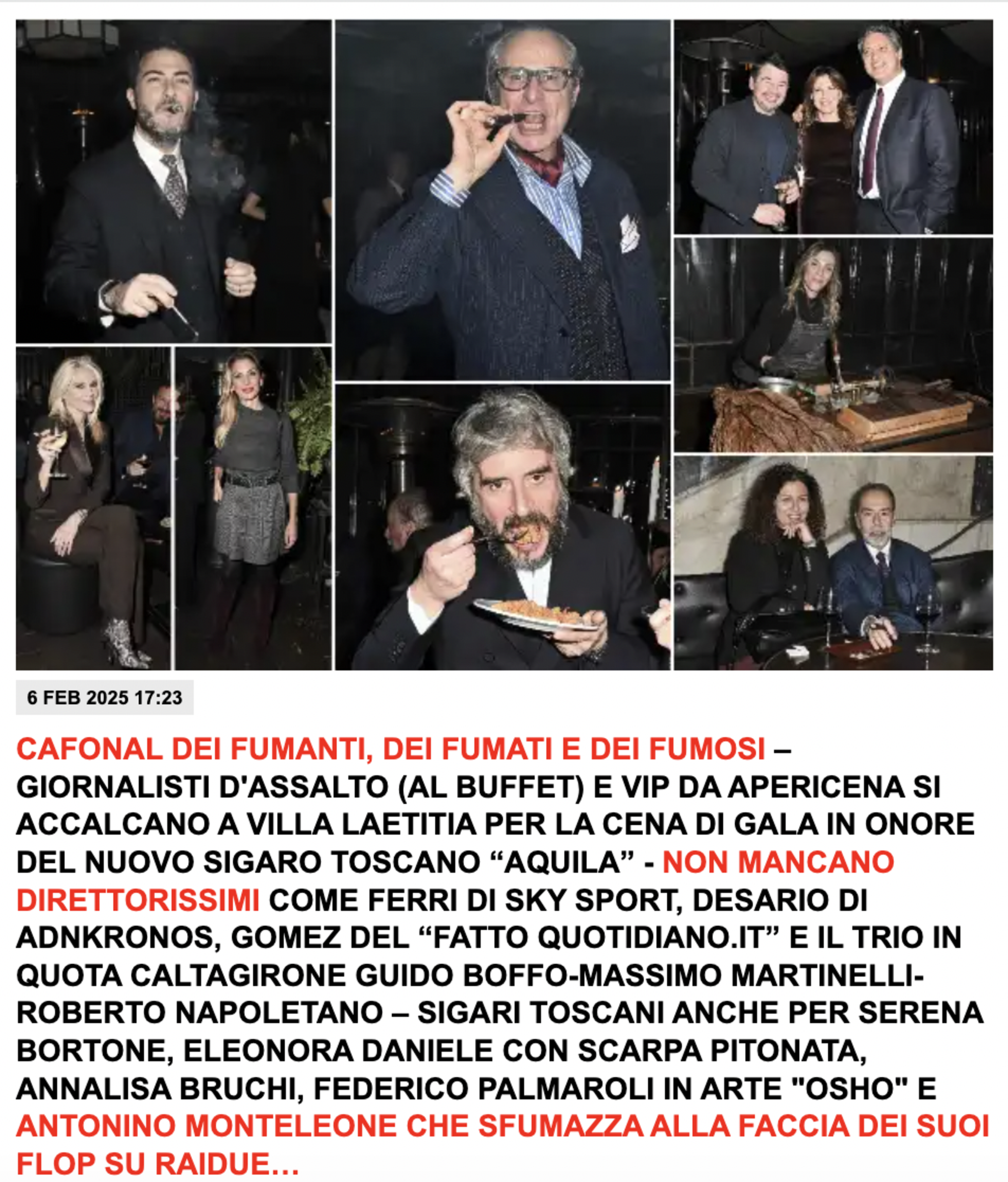 Il titolo di Dago con le foto dei partecipanti al gala (Monteleone in alto a sinistra)