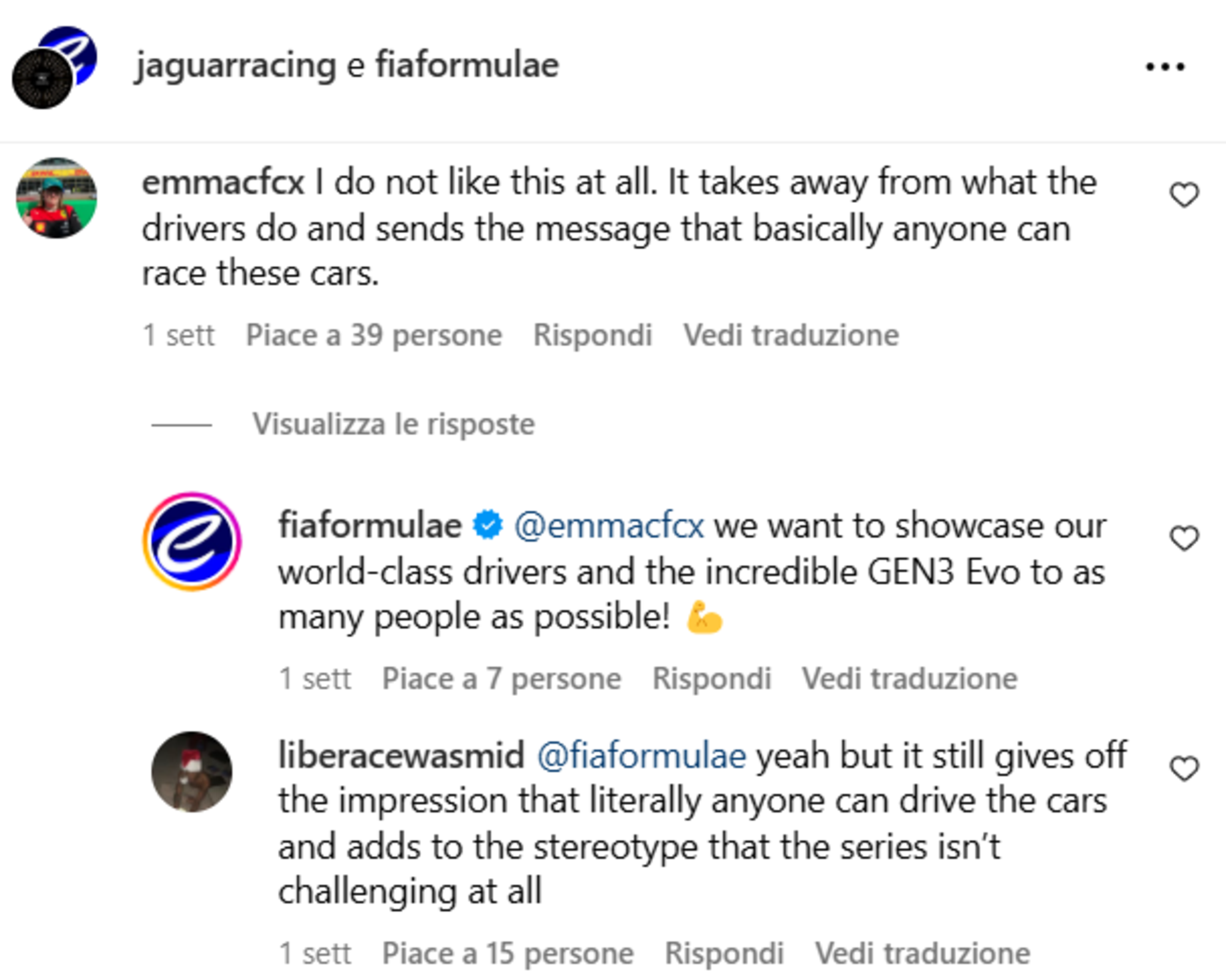 Uno dei vari commenti sotto un post della Formula E dove veniva presentato il progetto delle Evo Sessions