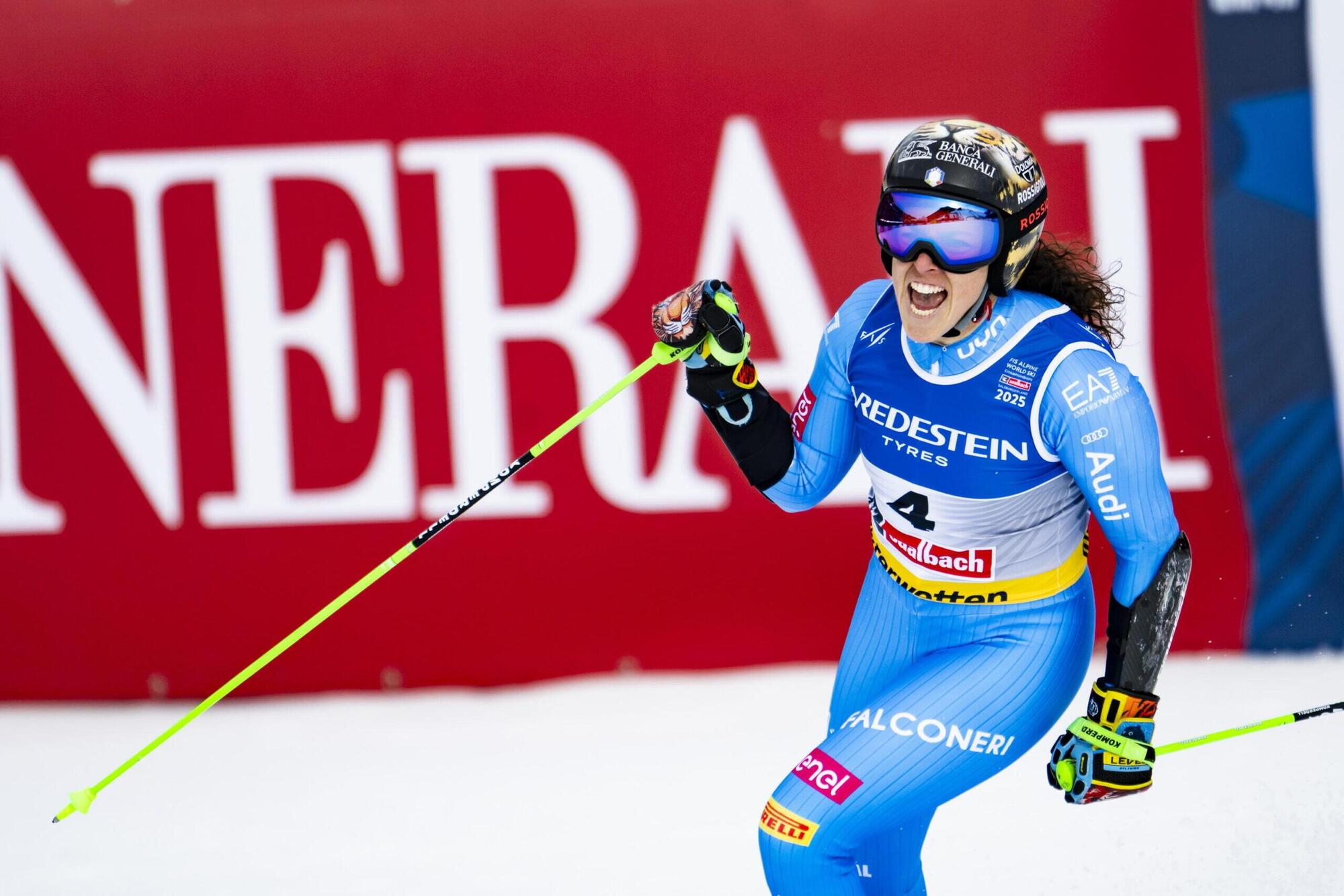 La tigre Federica Brignone dopo aver tagliato il traguardo a Saalbach