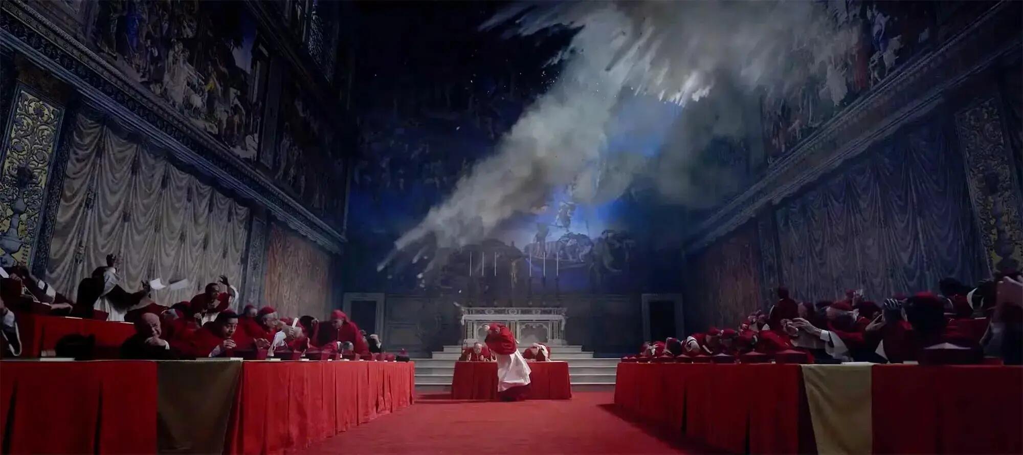 Una scena da Il Conclave, film candidato agli Oscar sull&#039;elezione del papa alla morte di un pontefice progressista che aveva spaccato la Chiesa