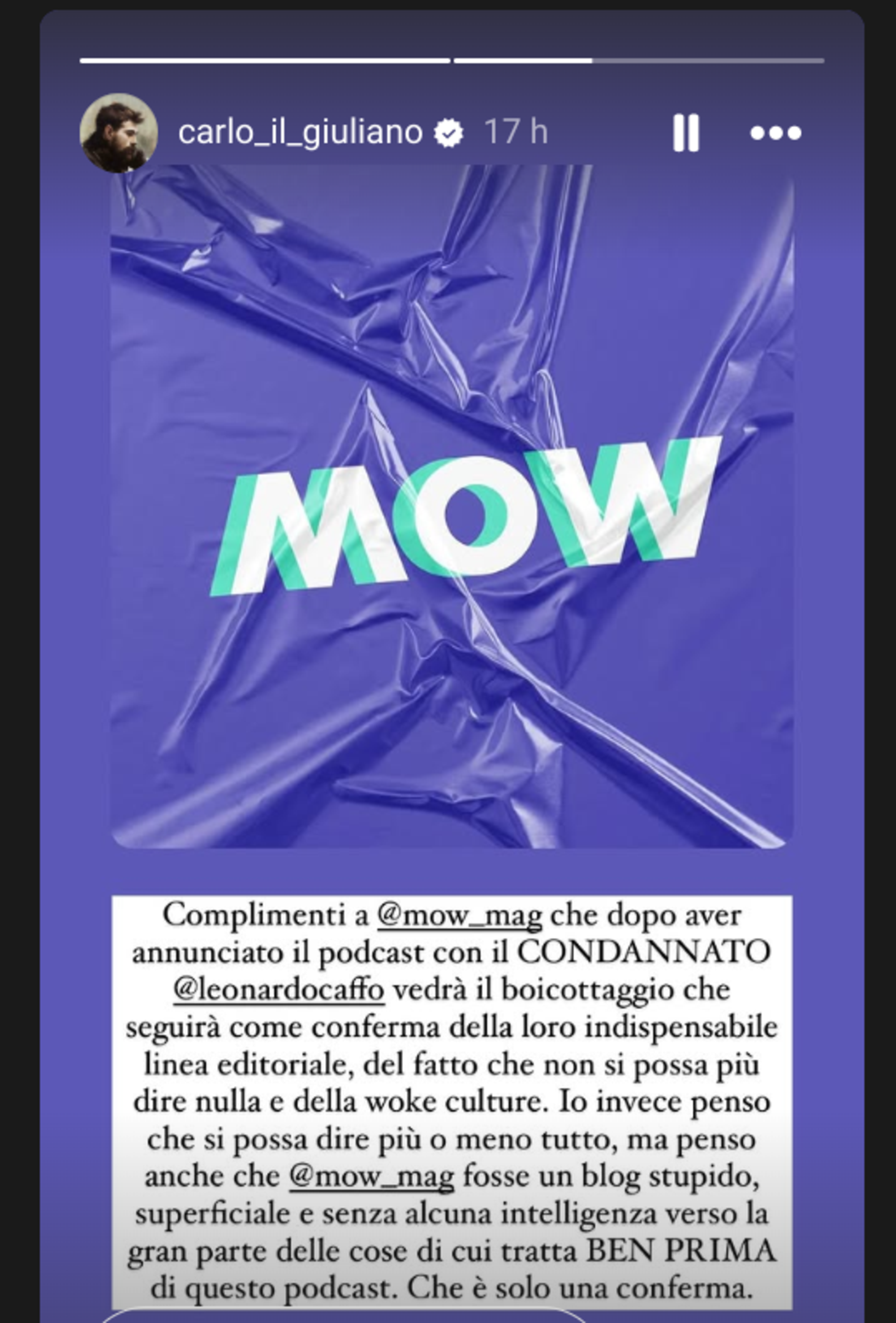 Altre proteste per il podcast di Leonardo Caffo su MOW