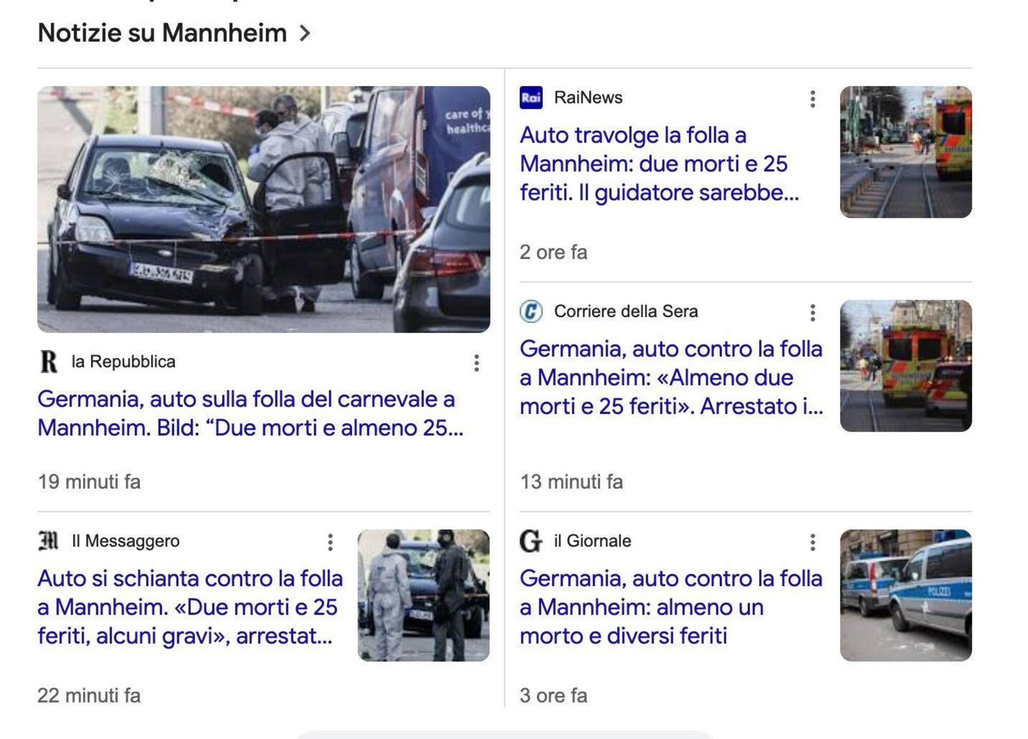 I titoli tutti uguali sull'auto che si lancia sulla folla