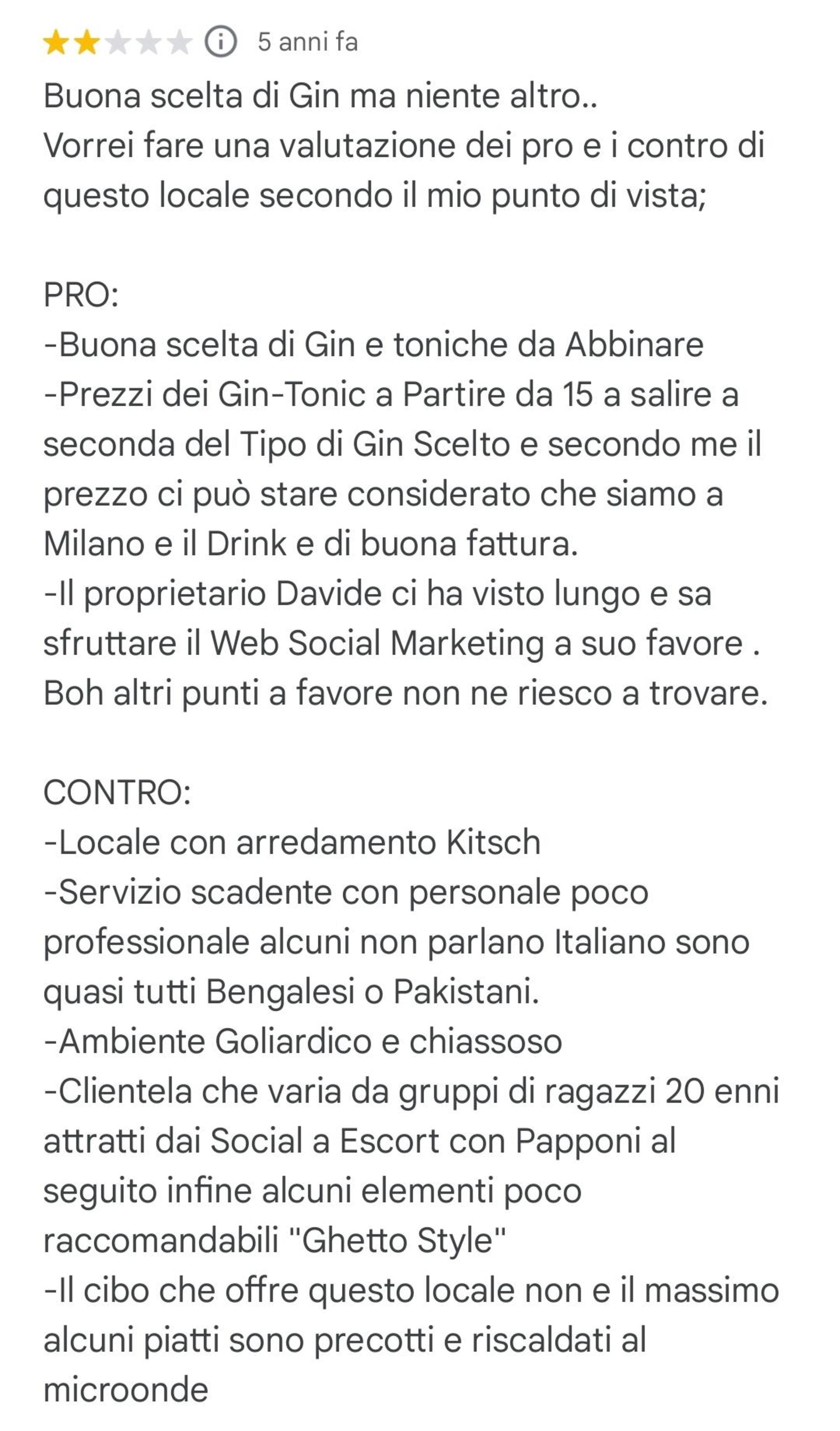 Una delle recensioni alla Gintoneria