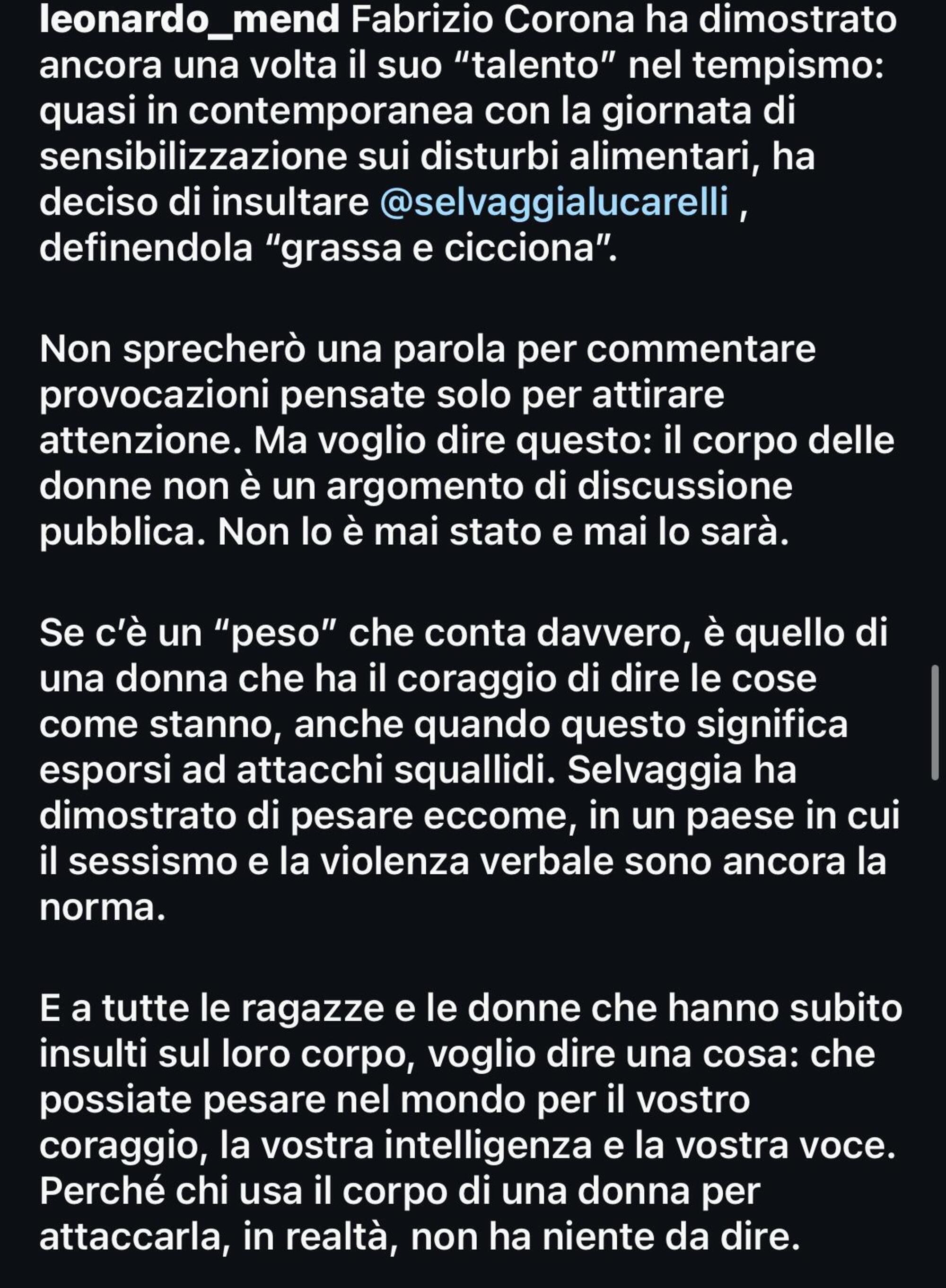 Il post di Leonardo Mendolicchio in condivisione con Lucarelli