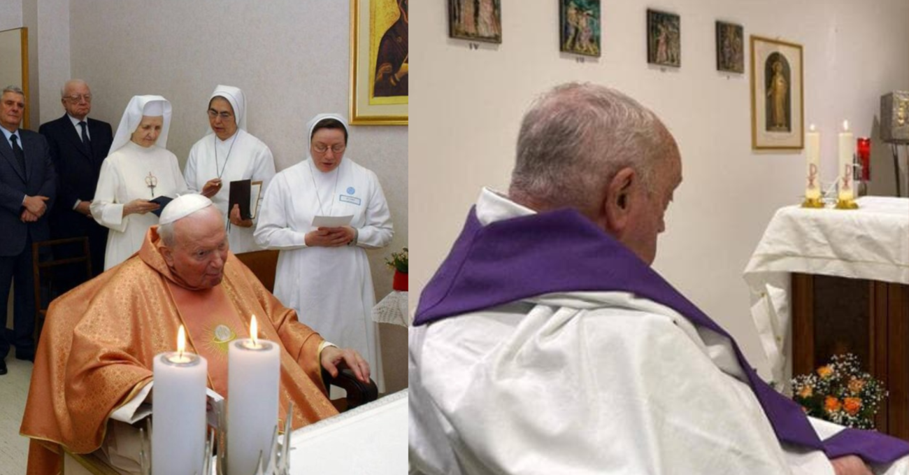 Ma la foto di Papa Francesco nella cappella del Gemelli &egrave; falsa? E perch&eacute; la paragonano a quella di Giovanni Paolo II? La prima immagine di Bergoglio dal ricovero tra complotti, confronti e...  