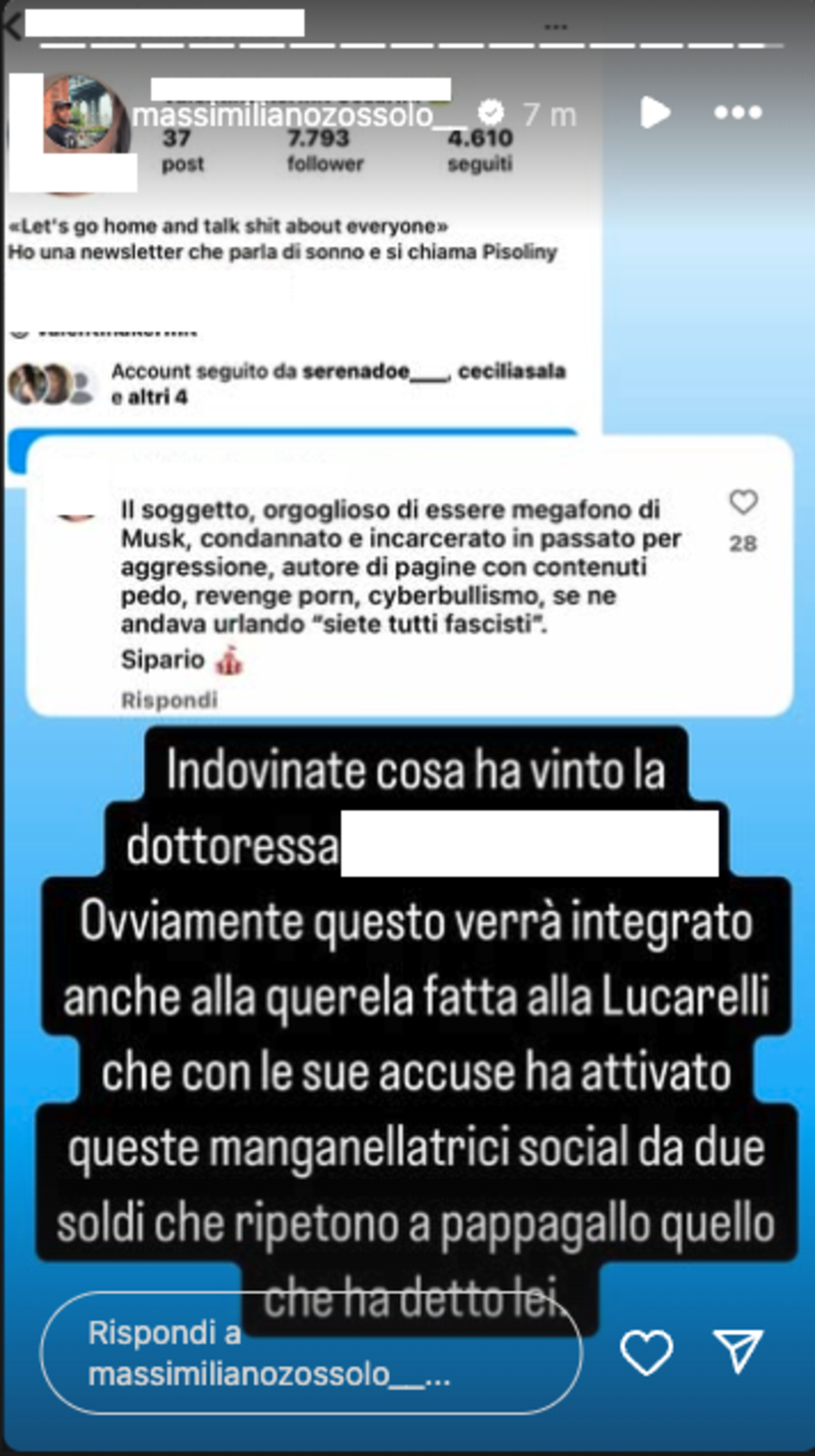 Una delle storie di Massimiliano Zossolo in cui si parla della nuova querela a Selvaggia Lucarelli