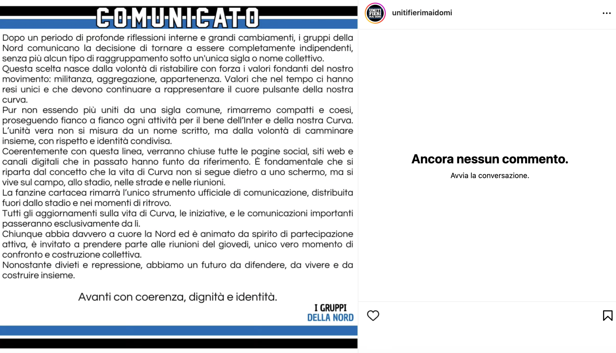 Il comunicato dei gruppi della curva Nord