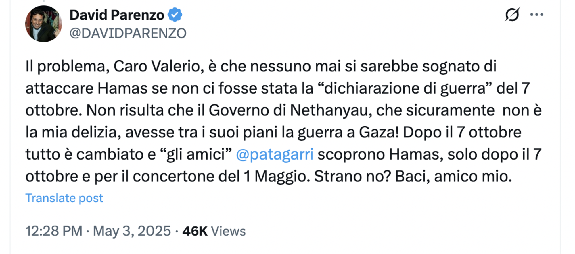 Ancora David Parenzo sul suo profilo "X"