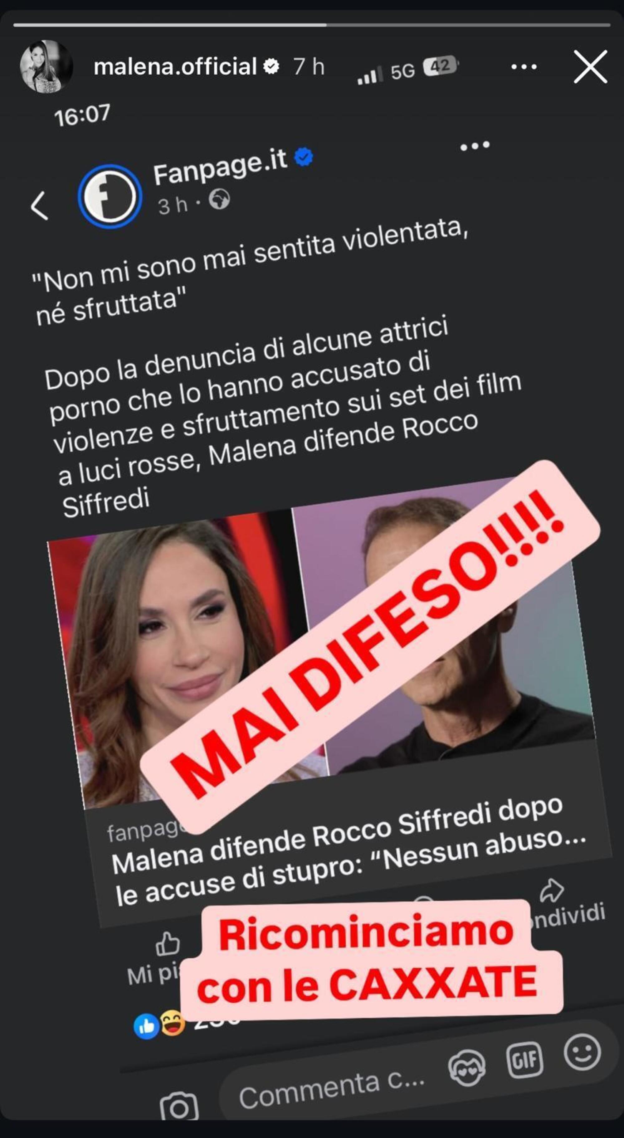 Malena smentisce di voler difendere Rocco Siffredi?