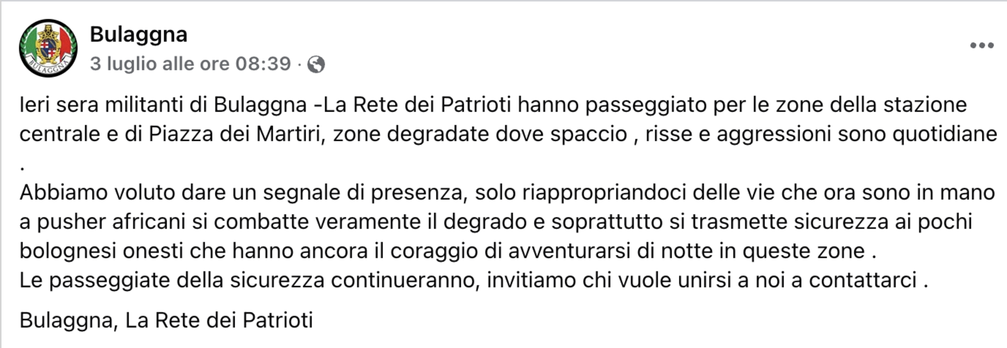 Il post della Rete dei Patrioti