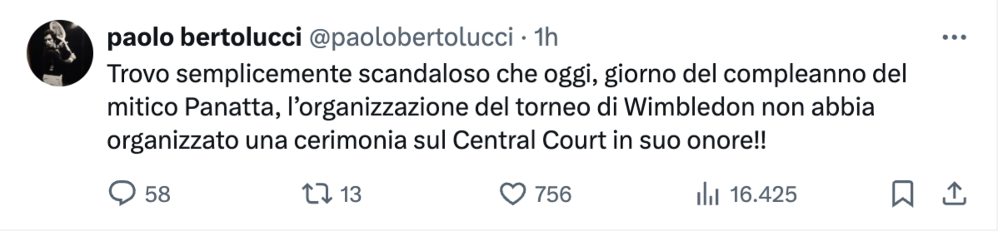 Il tweet di Paolo Bertolucci su Wimbledon