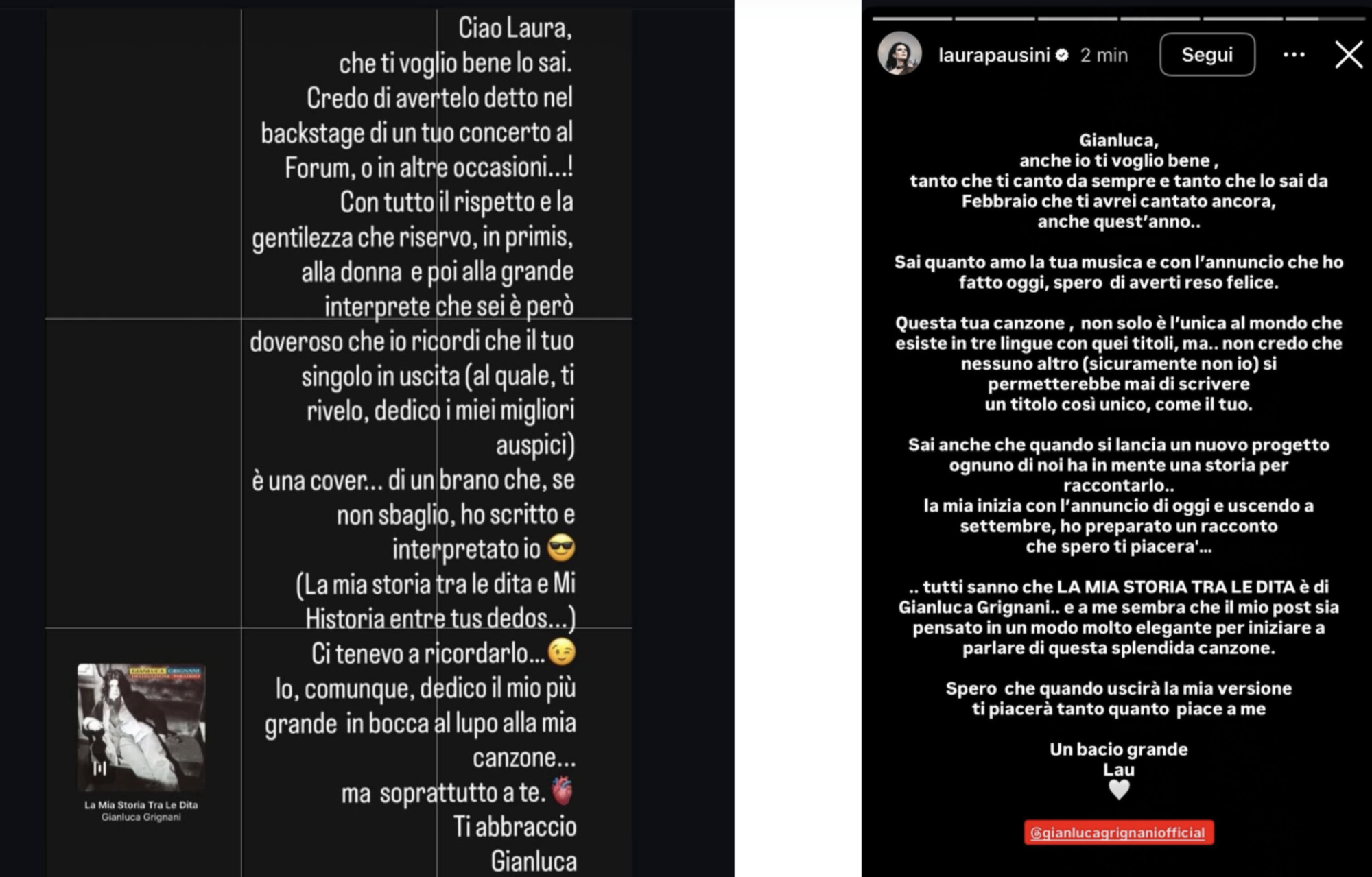 La storia di Gianluca Grignani e la risposta di Laura Pausini
