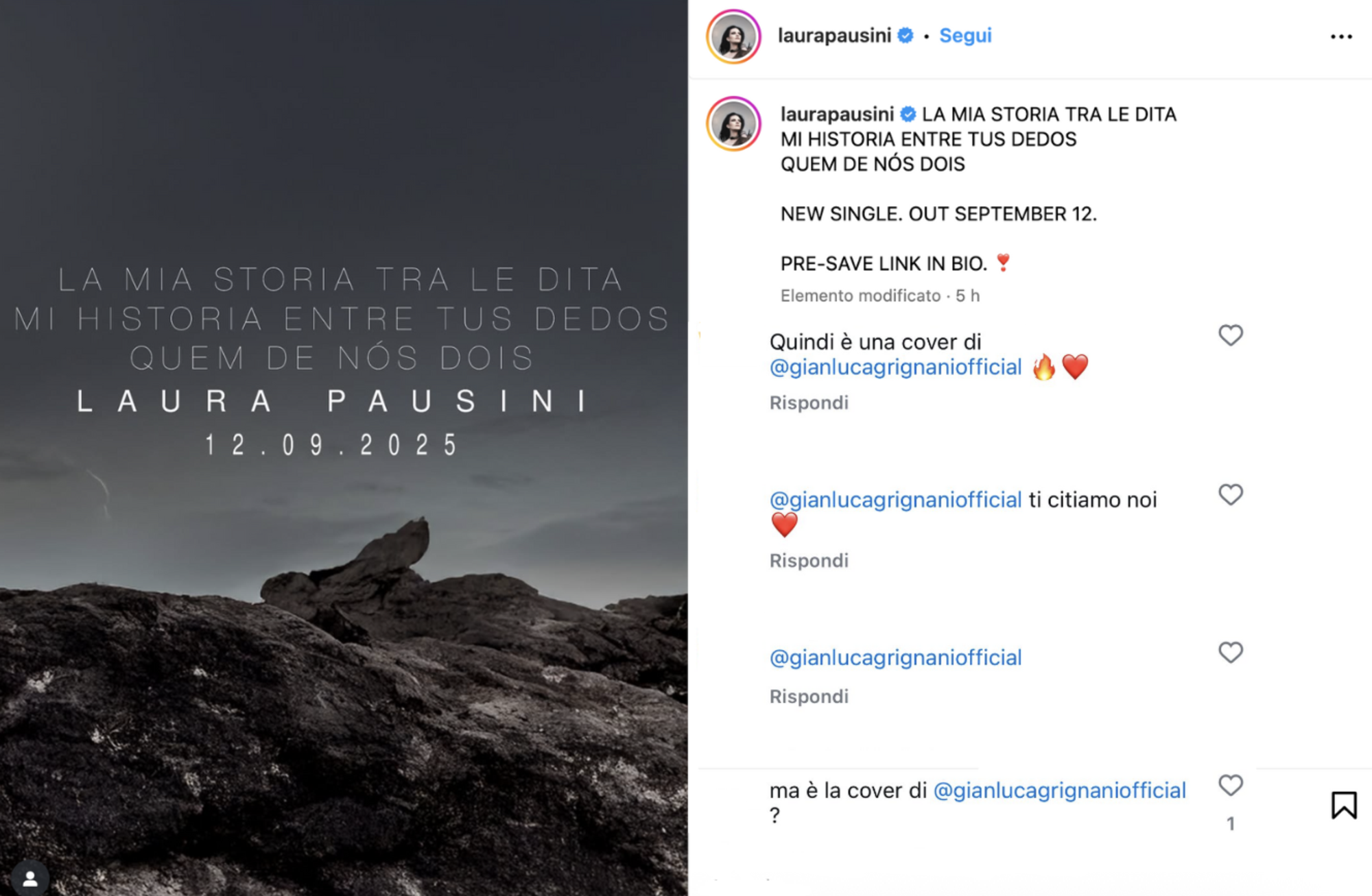 Il post di Laura Pausini in cui annuncia l'uscita del nuovo singolo e i commenti dei fan