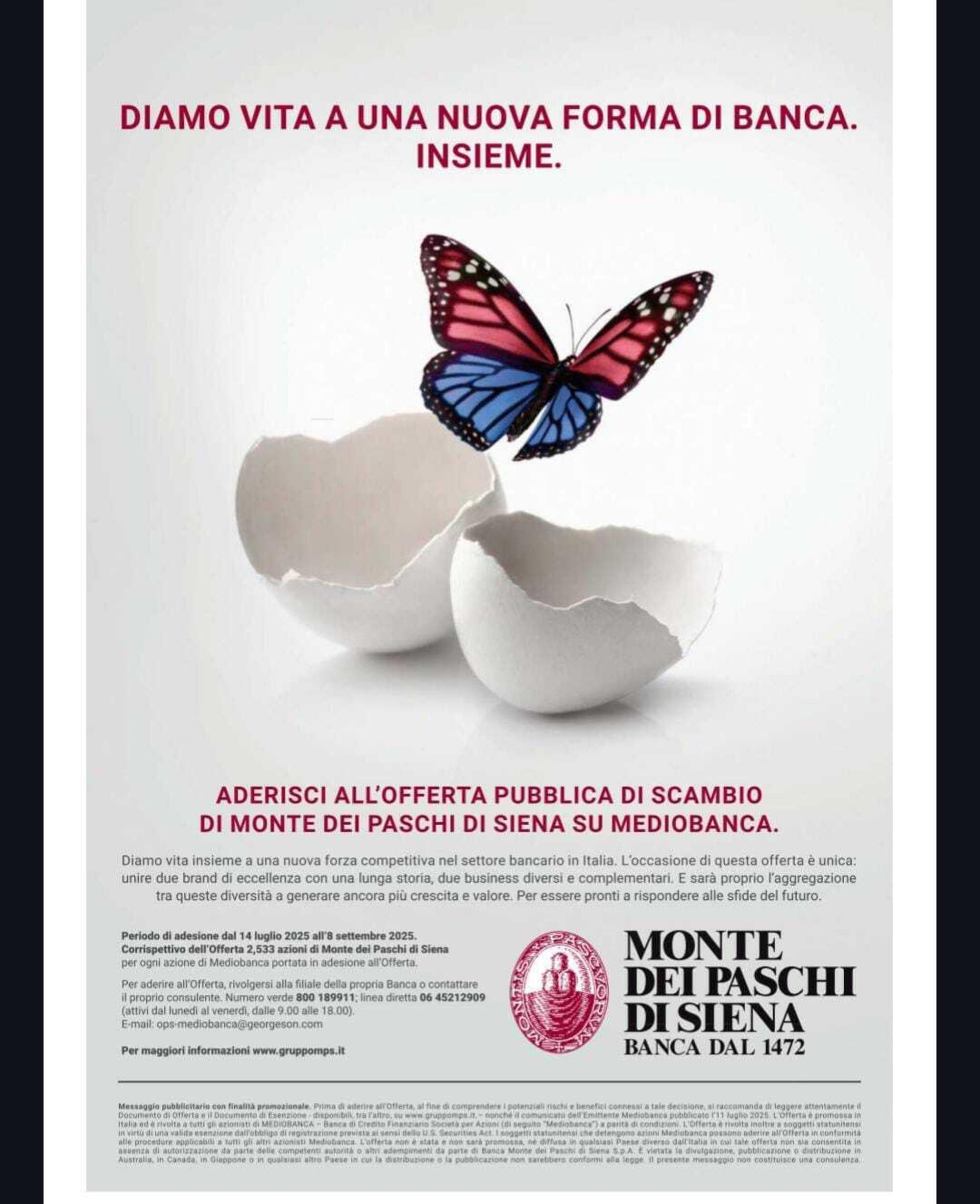 La pubblicità di Mps su Mediobanca