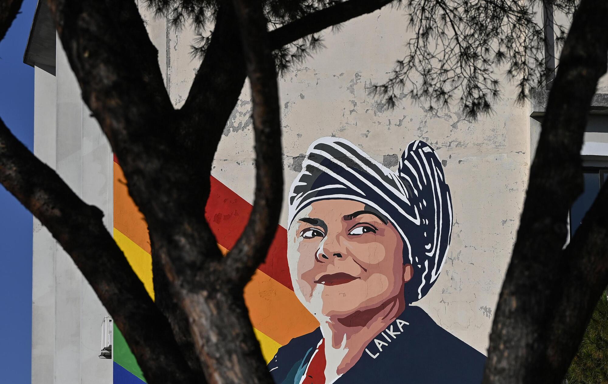 Il murale della street artist Laika dedicato alla scrittrice Michela Murgia sulla facciata del V Municipio a Roma
